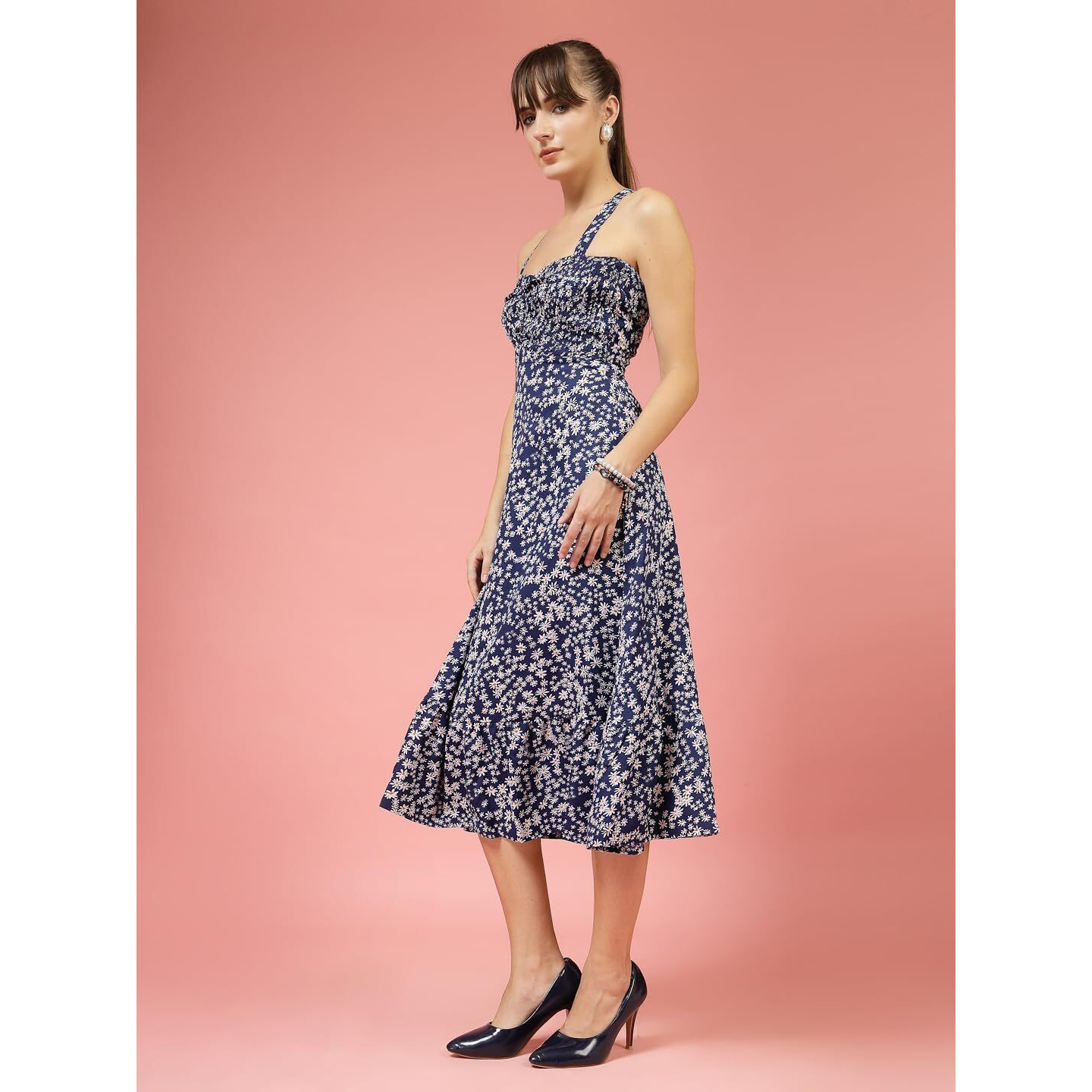 Oomph Women's Western & Fusion Wear Printed Crepe Dress For Women, Smocked Bodice, Blue - Md1032