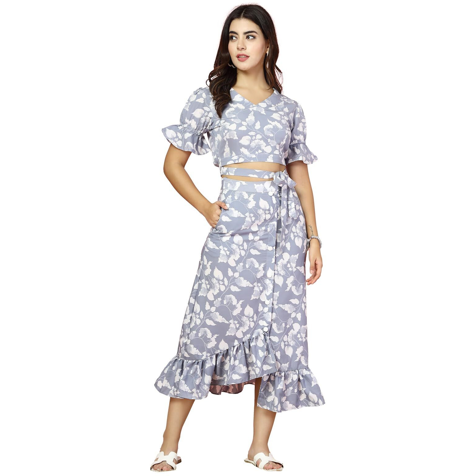 Oomph Crepe Crop Top And Skirt Set For Women, Grey - Coord_Mt888Msk196