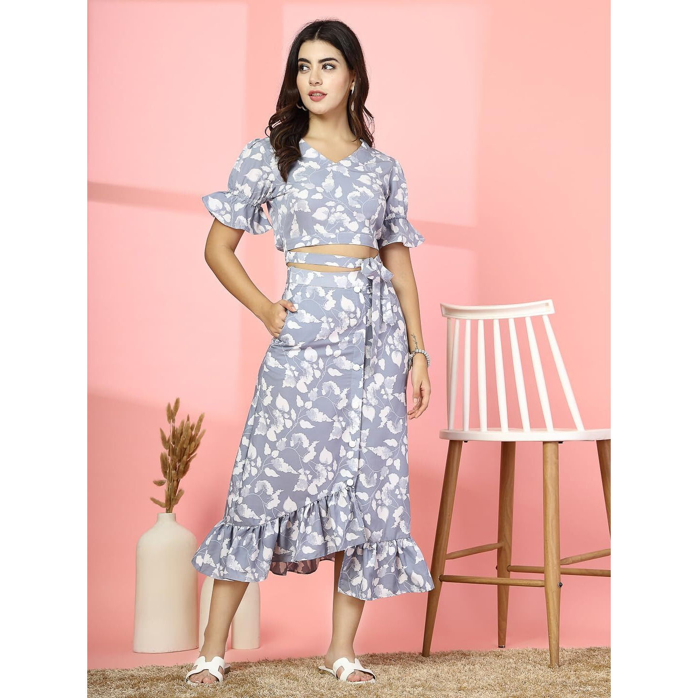 Oomph Crepe Crop Top And Skirt Set For Women, Grey - Coord_Mt888Msk196