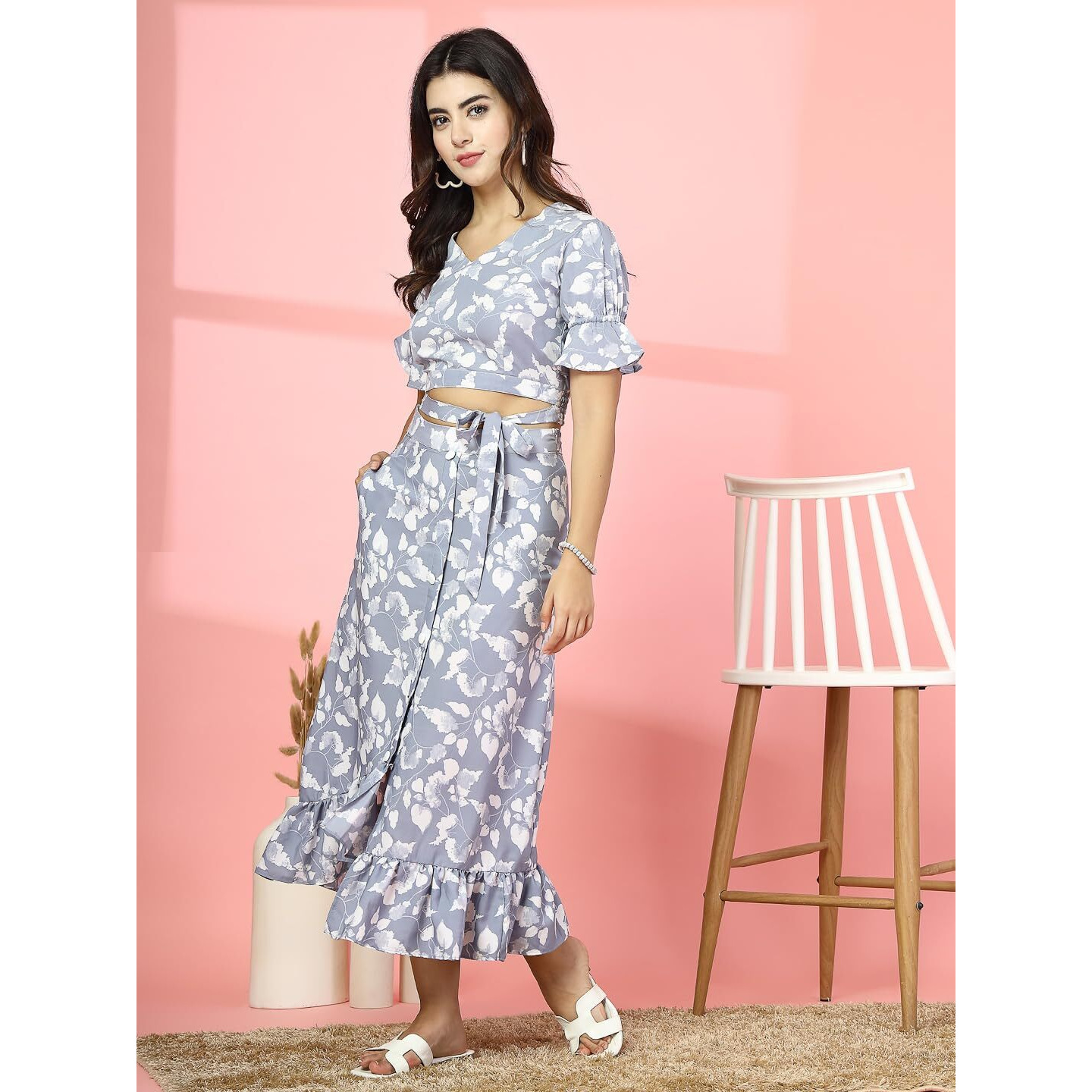 Oomph Crepe Crop Top And Skirt Set For Women, Grey - Coord_Mt888Msk196