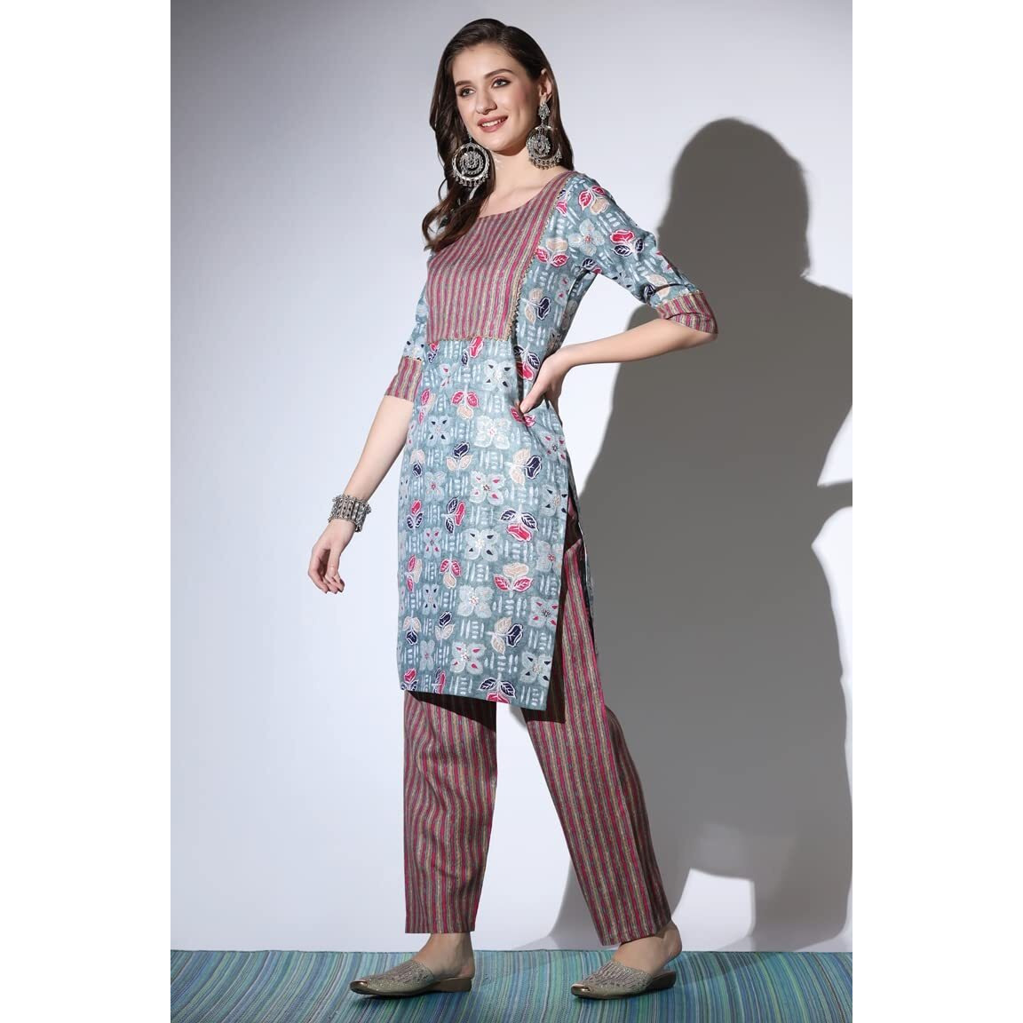 Om Sai Latest Creation Kurta For Women | Cotton Stitched Lace Detailing Floral Hand Block Print Straight Kurta For Ladies | Printed Kurta For Women Kurta For Girls. (Xxx-Large, Grey)