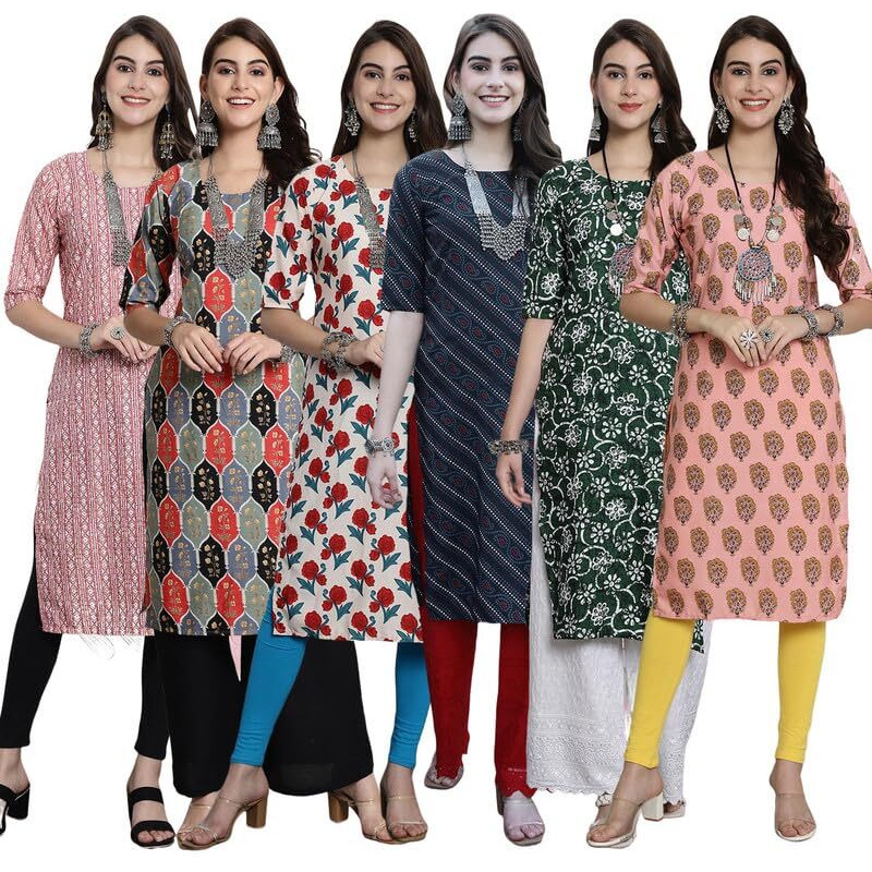 Pinkmint Festival Wear Printed Crepe Kurti's For Women's Ll Ethnic Kurti Ll Comfortable Kurti (Pack Of 6)