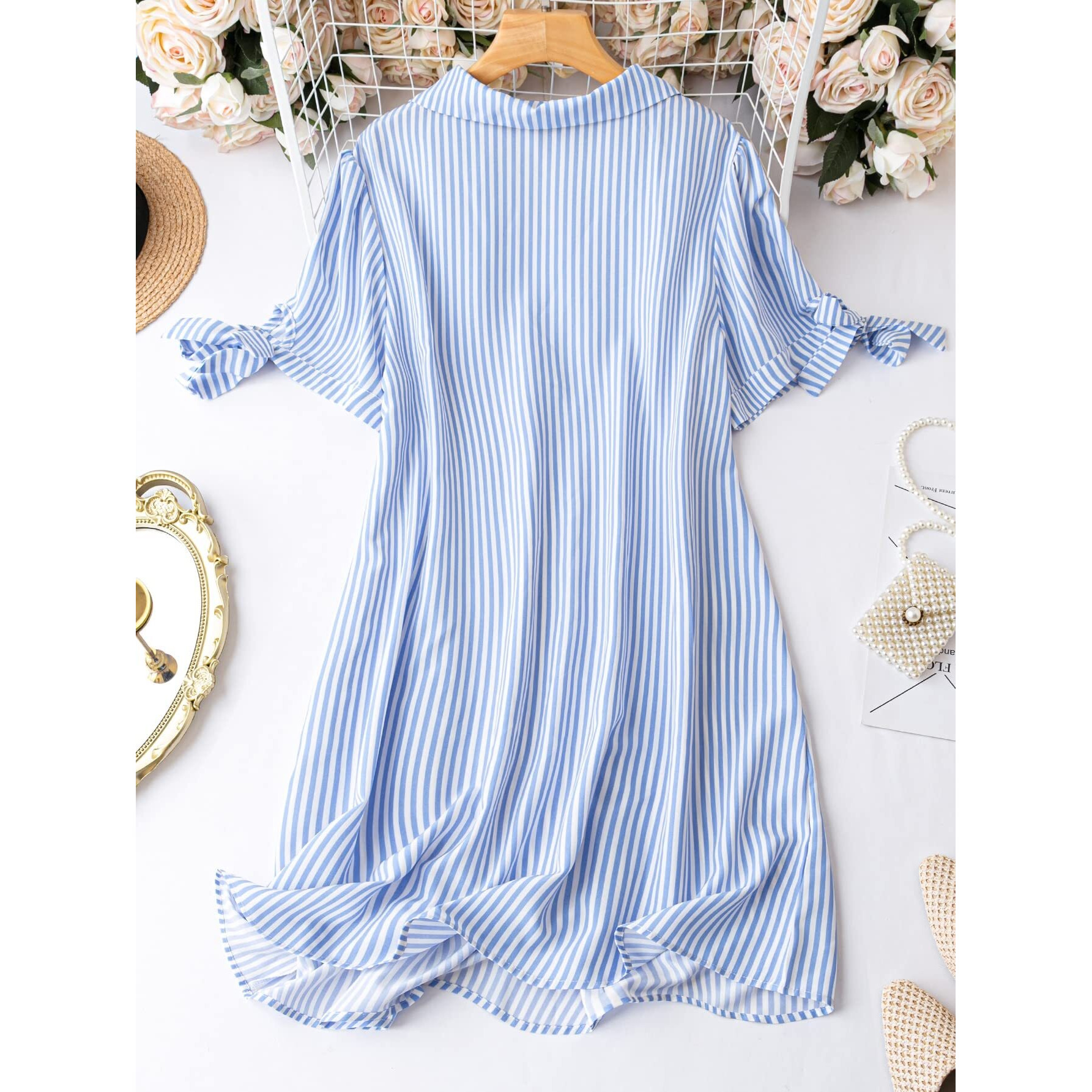 Om Sai Latest Creation Western Dress For Women | Beach Wear For Women | One Piece Dress | Vacation Outfits For Women | Picnic Dress For Women | Striped Printed, Casual Dresses. (Medium, Sky Blue)