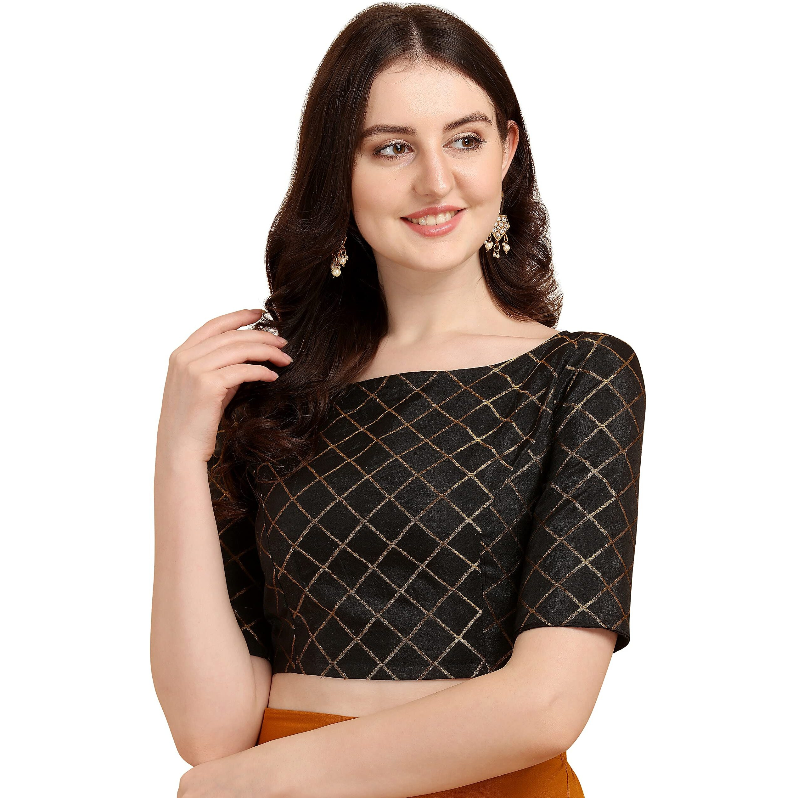 Oomph Women's Art Silk Checkered Half Sleeve Blouse (Rbbl67S_Jet Black_S)
