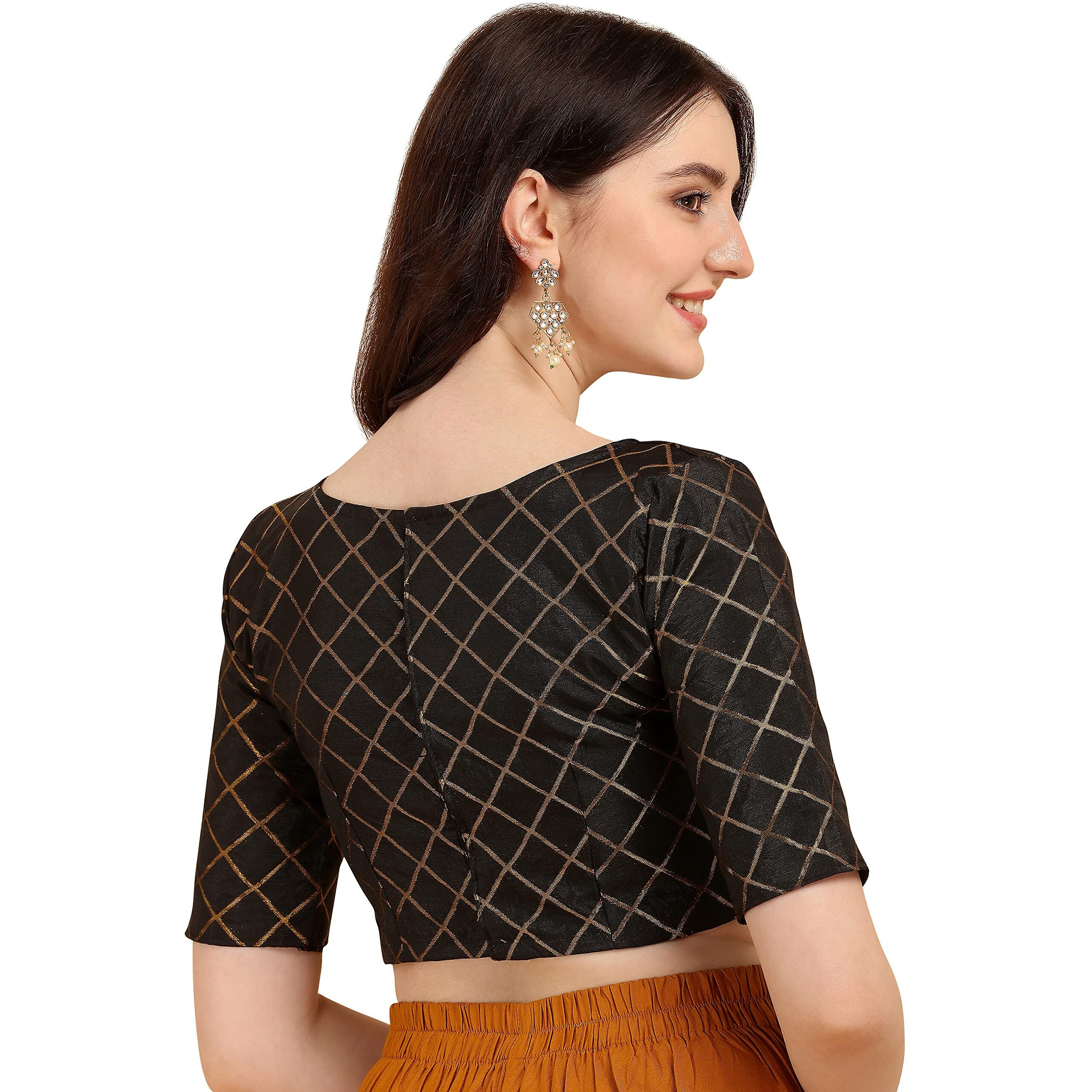 Oomph Women's Art Silk Checkered Half Sleeve Blouse (Rbbl67S_Jet Black_S)