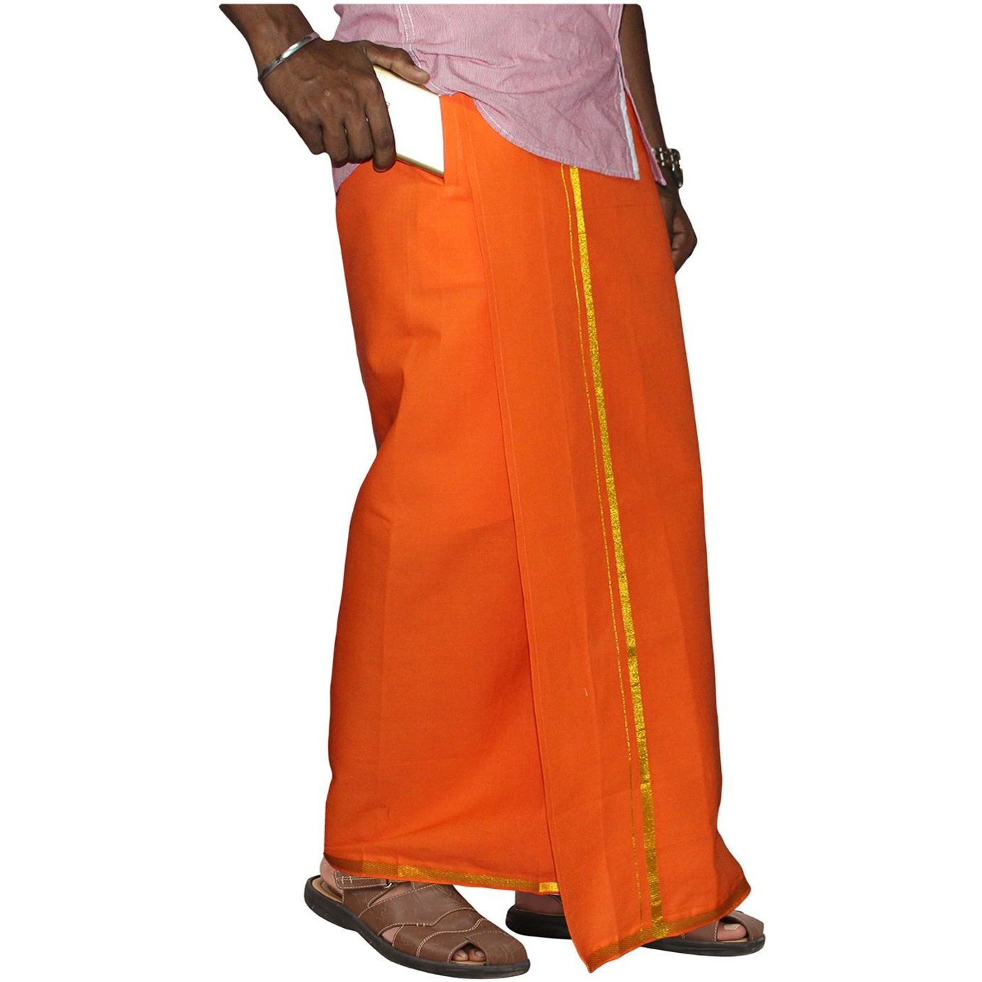 Prakasam Cotton Men's Single Orange Colour With Jari Border Welcro Pocket Dhoti (Hip Size-40)-(Length-42Inches)