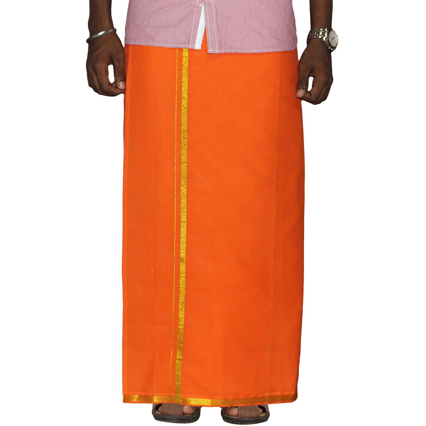 Prakasam Cotton Men's Single Orange Colour With Jari Border Welcro Pocket Dhoti (Hip Size-40)-(Length-42Inches)