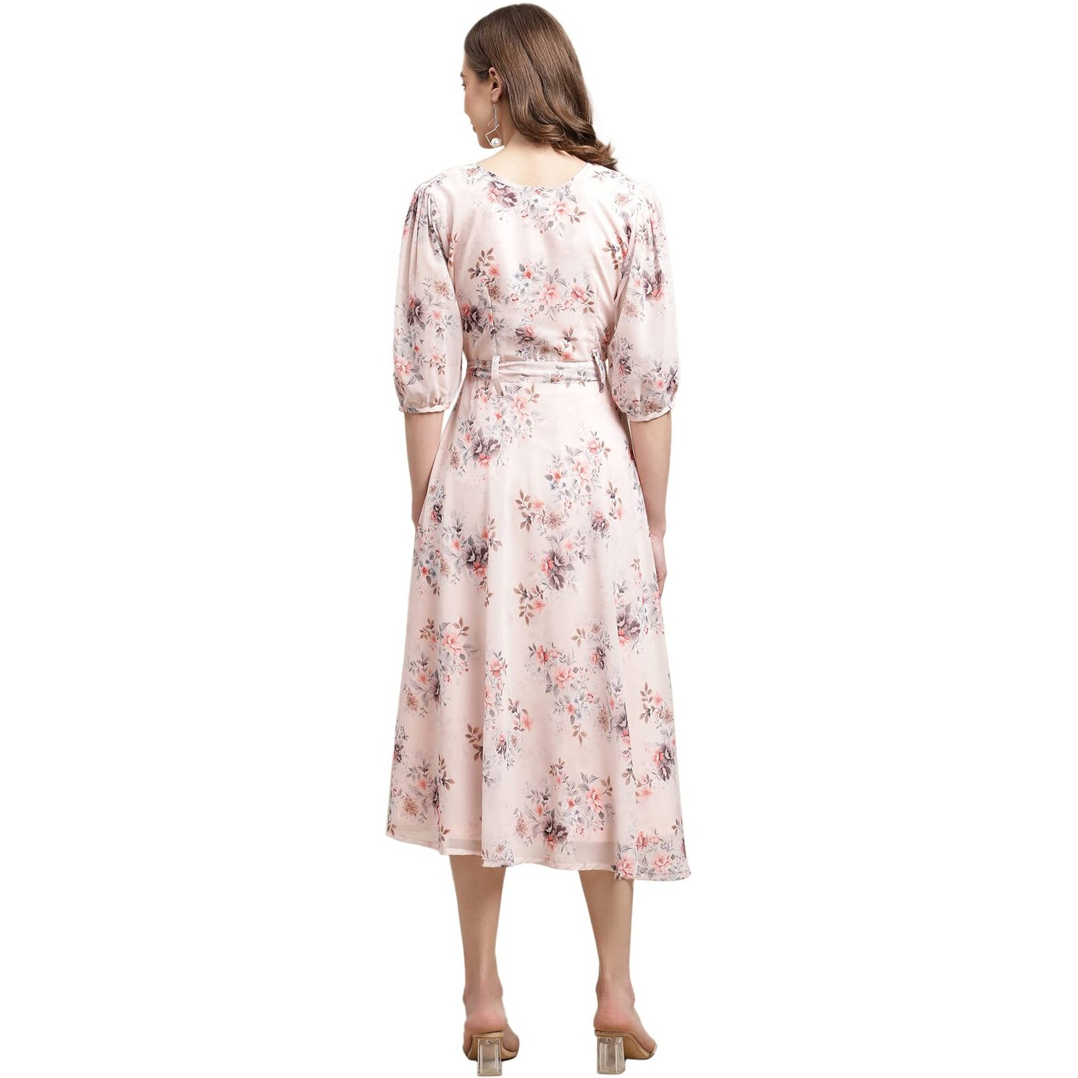 Preneum Women's Maxi Fit & Flare Latest Style Print Georgette Regular Sleeves Casual Summer Maxi Dress || Festival & Occasion, Baby Pink, L