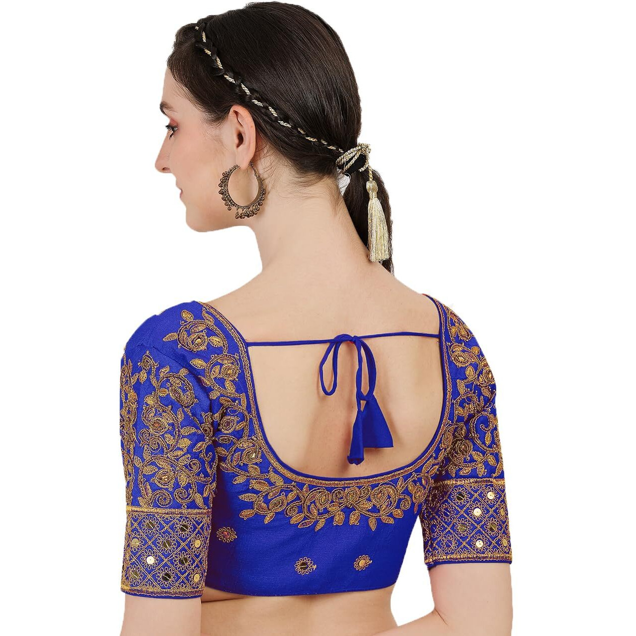 Pujia Mills Blouse Readymade Stylish Design Half Sleeve Blouse Readymade Maggam Work Blouse Saree Blouse Readymade Parrot Blouse Maggam Work Designs Pattu Aari Work Blouse (Royal Blue Color, 38)