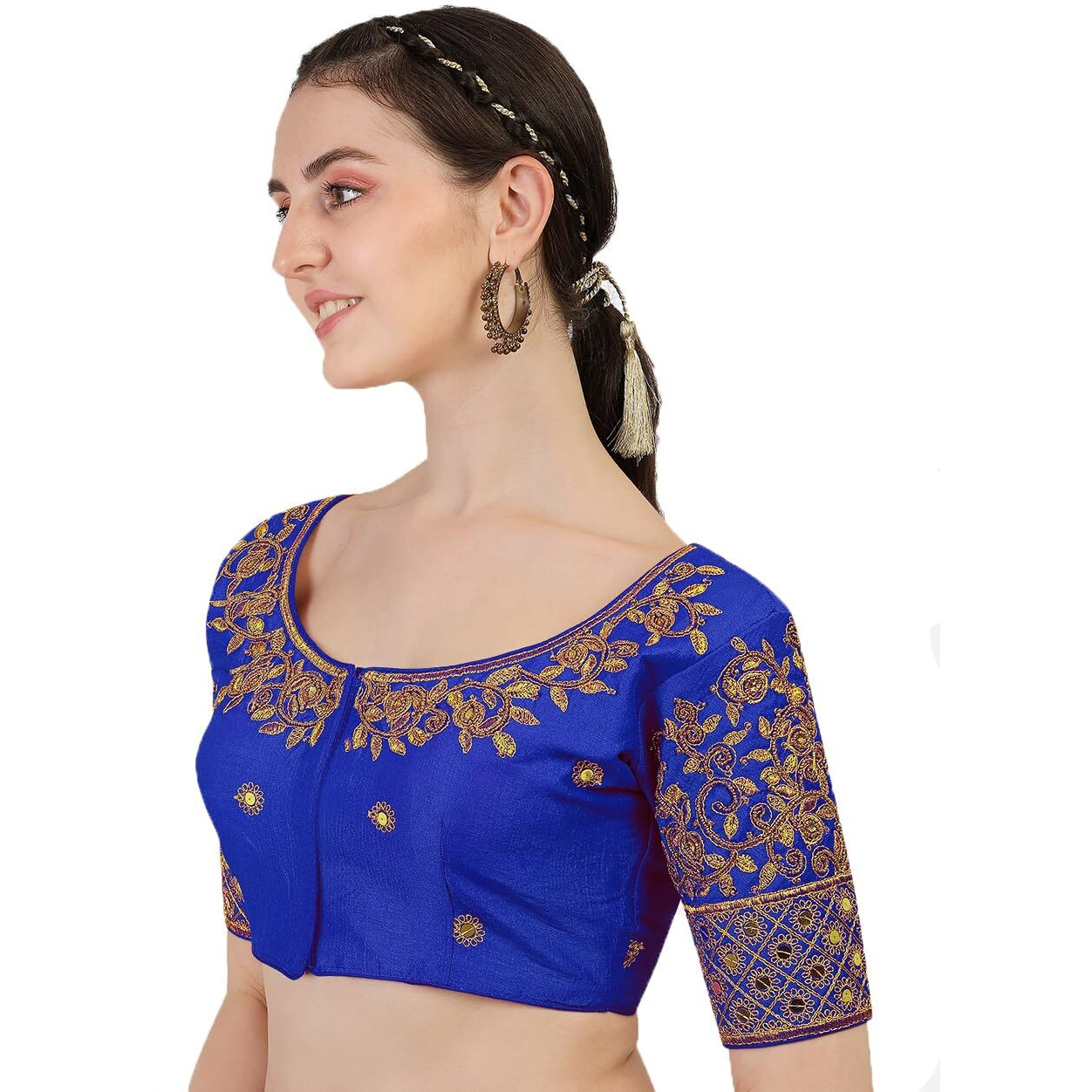 Pujia Mills Blouse Readymade Stylish Design Half Sleeve Blouse Readymade Maggam Work Blouse Saree Blouse Readymade Parrot Blouse Maggam Work Designs Pattu Aari Work Blouse (Royal Blue Color, 38)