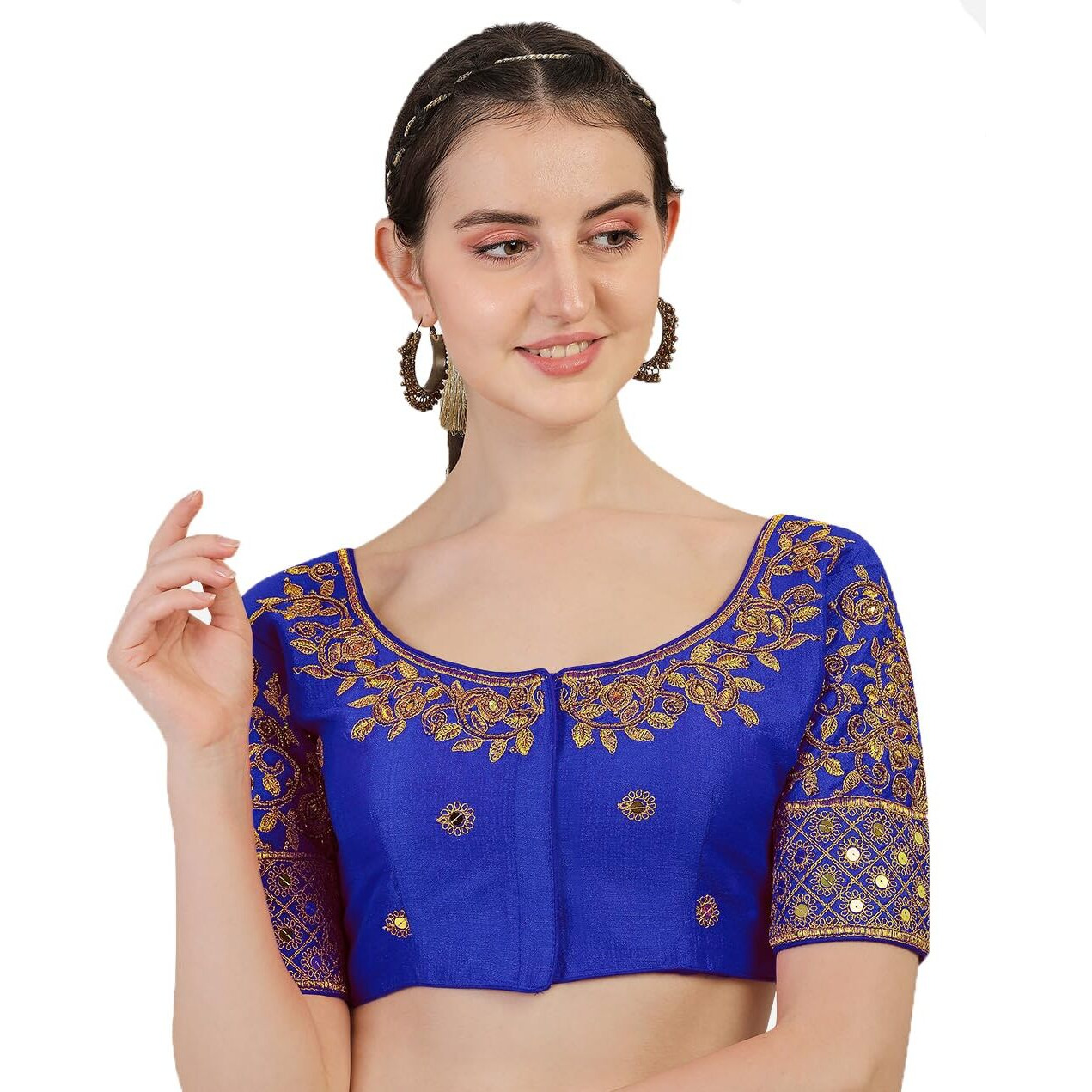 Pujia Mills Blouse Readymade Stylish Design Half Sleeve Blouse Readymade Maggam Work Blouse Saree Blouse Readymade Parrot Blouse Maggam Work Designs Pattu Aari Work Blouse (Royal Blue Color, 38)
