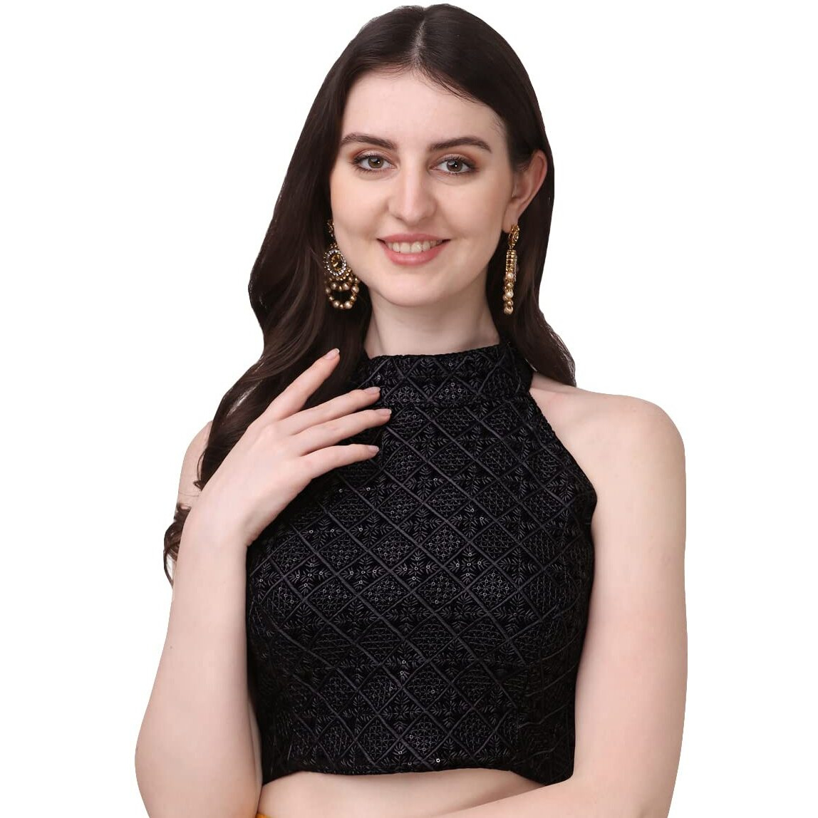 Pujia Mills Women's Halter Neck Chickenkari Sequins Work Readymade Saree Blouse (Black, 42)