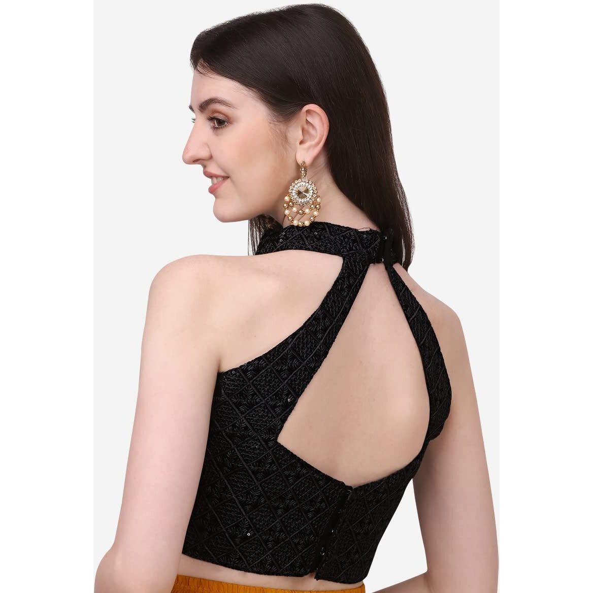 Pujia Mills Women's Halter Neck Chickenkari Sequins Work Readymade Saree Blouse (Black, 42)