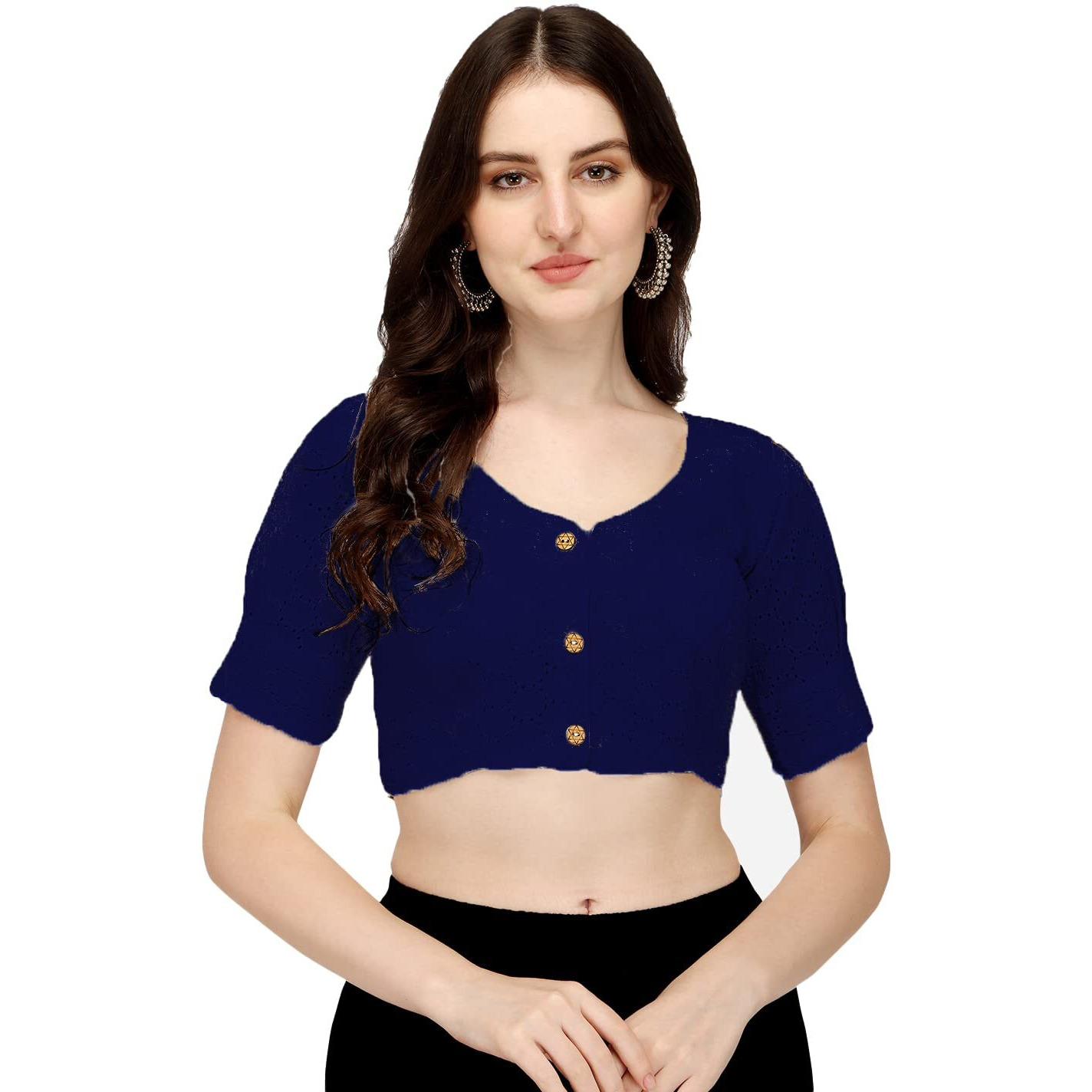 Pujia Mills Women's Cotton Chikankari Embroidery Work Readymade Saree Blouse (34, Navy)