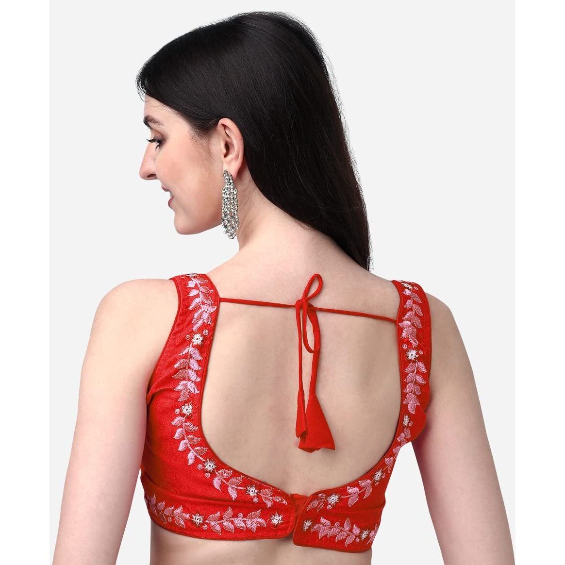 Pujia Mills Women's Silk Flower Embroidery Work Readymade Saree Blouse (Gk 51_Red_38)