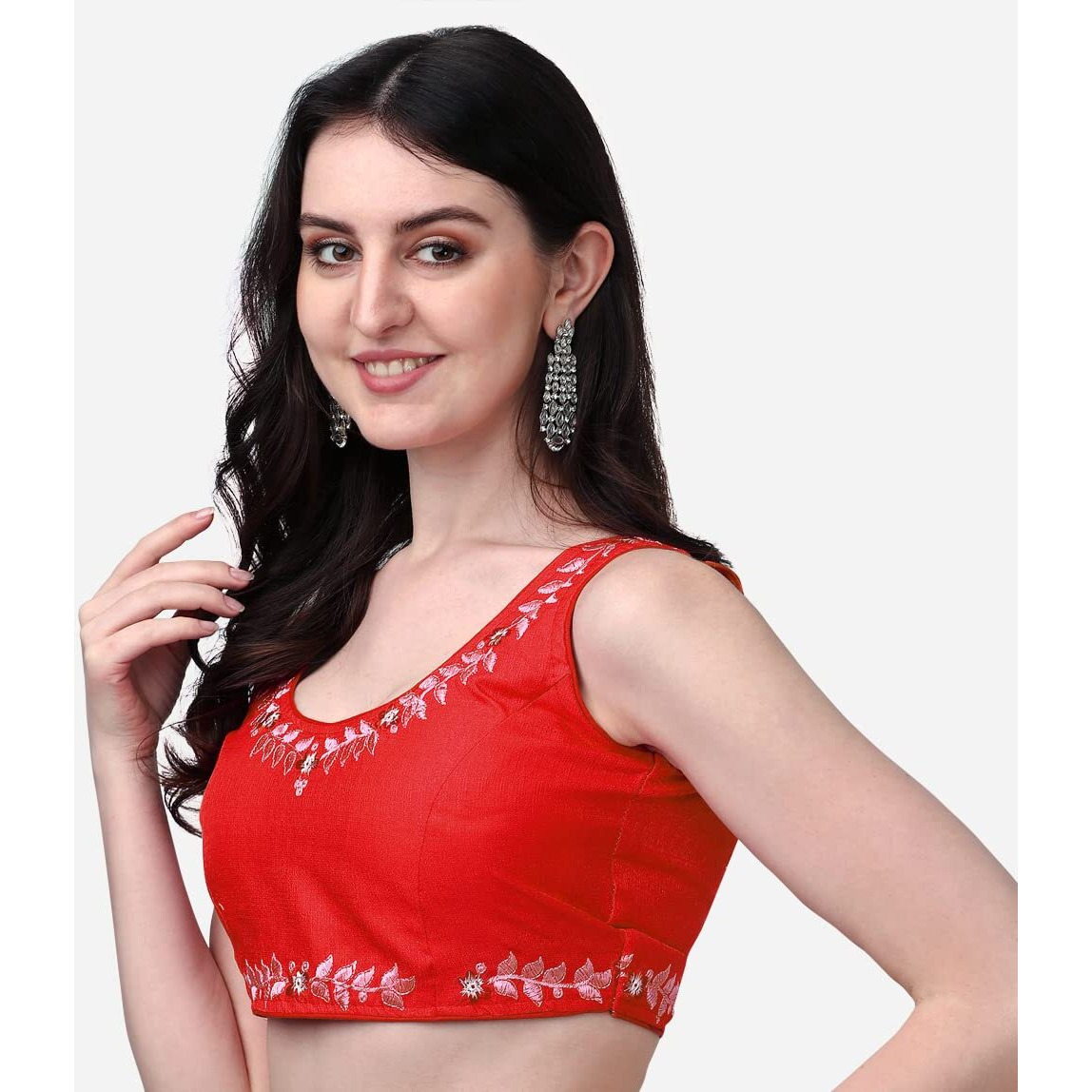 Pujia Mills Women's Silk Flower Embroidery Work Readymade Saree Blouse (Gk 51_Red_38)