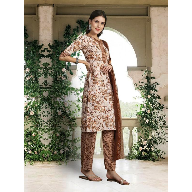 Pinkmint Women Kurta Set Cotton Straight Kurti & Pant With Duppatta Set (Pack Of 1)