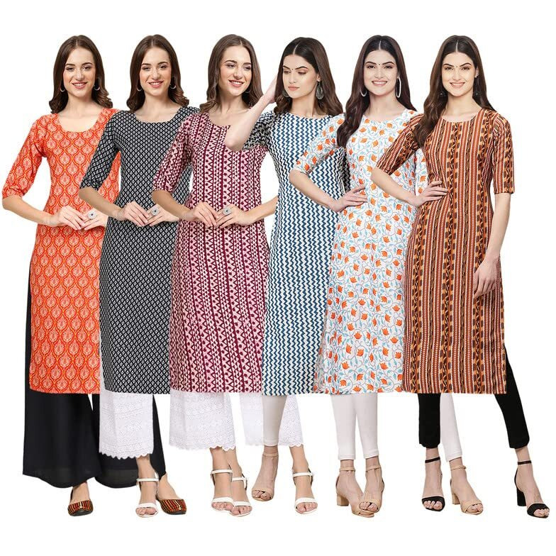 Pinkmint Women's Crepe Digital Print Straight Kurta [Pack Of 6](Qv-354-349-347-331-334-344-Xl)
