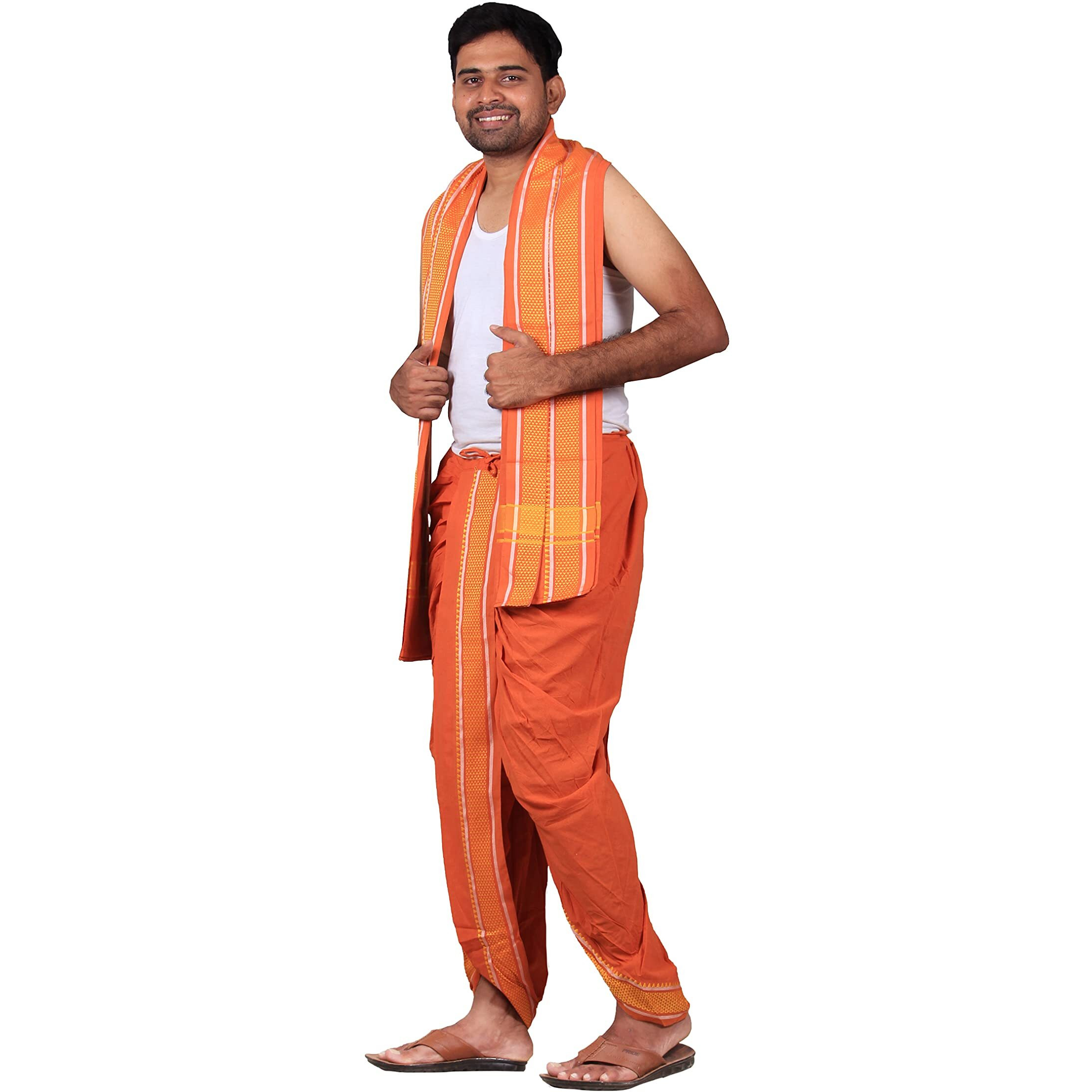 Prakasam Cotton Men's Stitched Panchakacham (Ready To Wear) Dhoti Towel Set With Pocket- Free Size. (Light Kaavi)