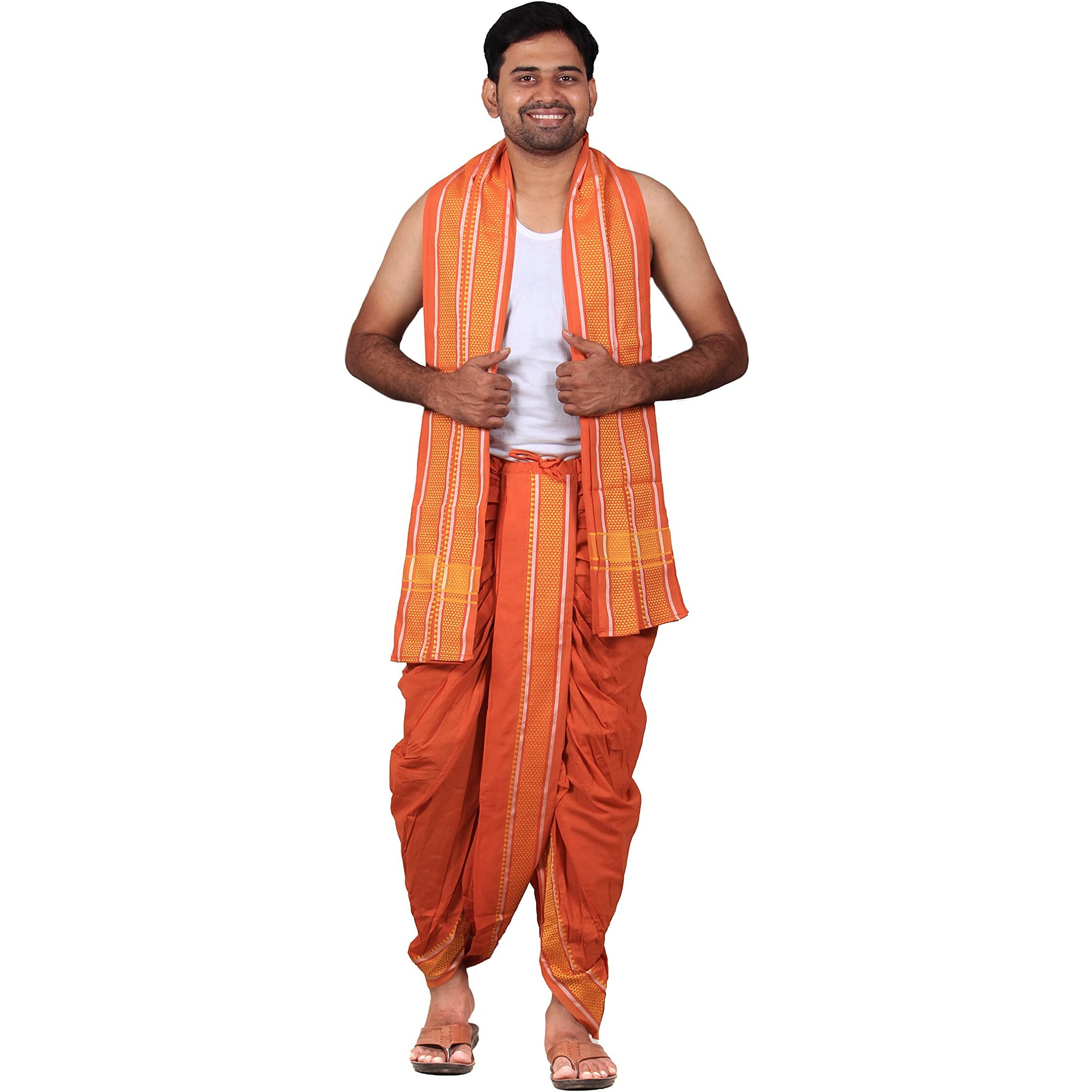 Prakasam Cotton Men's Stitched Panchakacham (Ready To Wear) Dhoti Towel Set With Pocket- Free Size. (Light Kaavi)