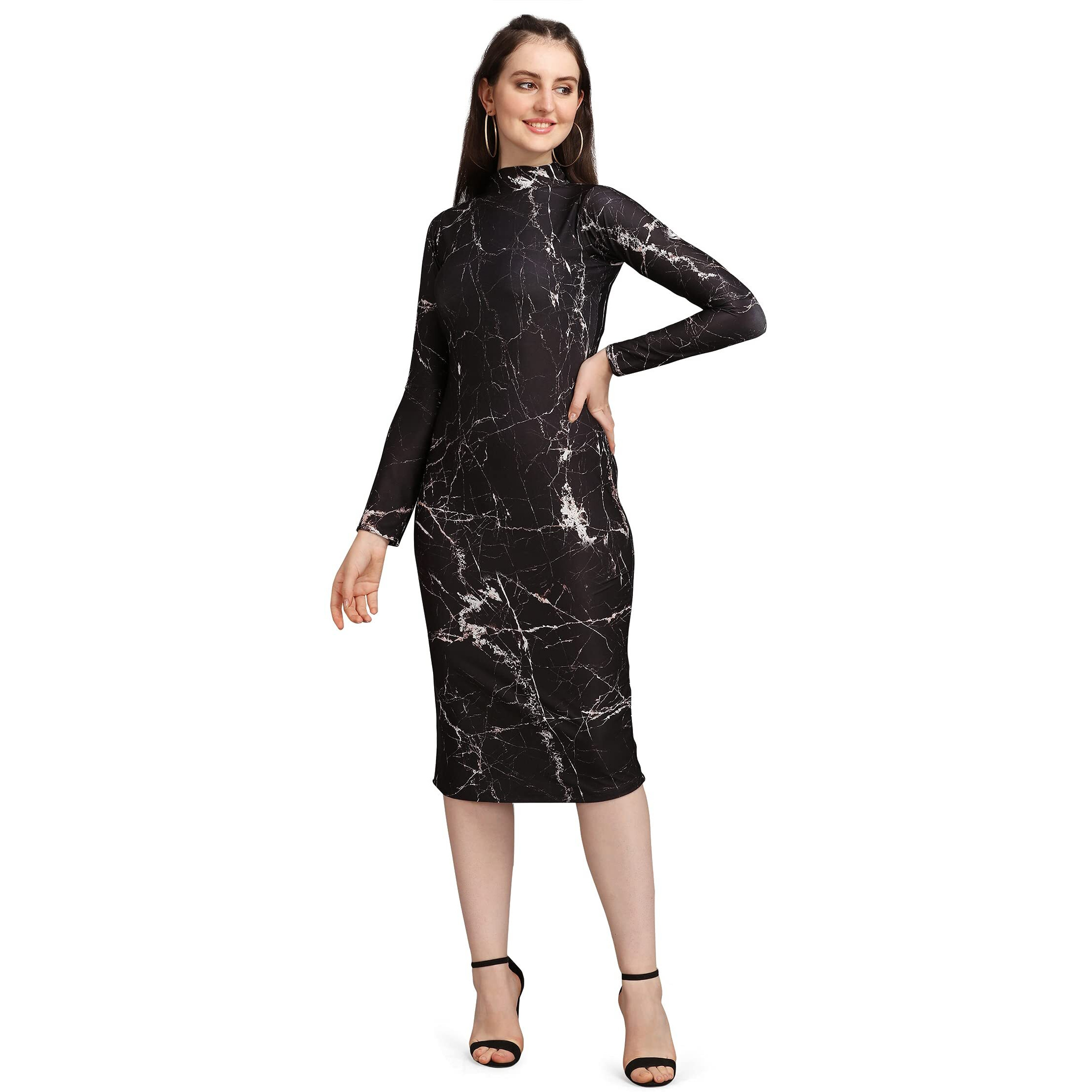 Purvaja Women's Polyester Blend Bodycon Knee Length Cocktail Dress (Siri-Turtle-Black-M