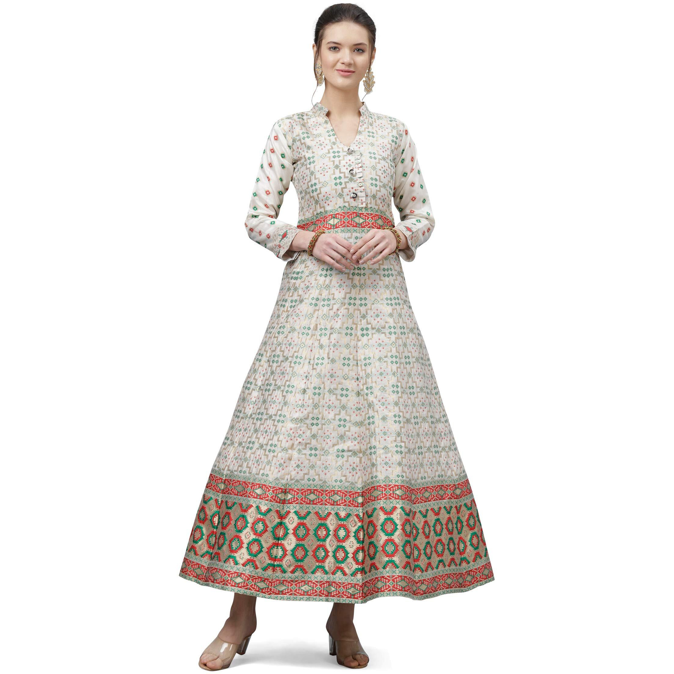 Purvaja Women's Anarkali Ankle Length Jacquard Semi-Stitched Gown Multicolour