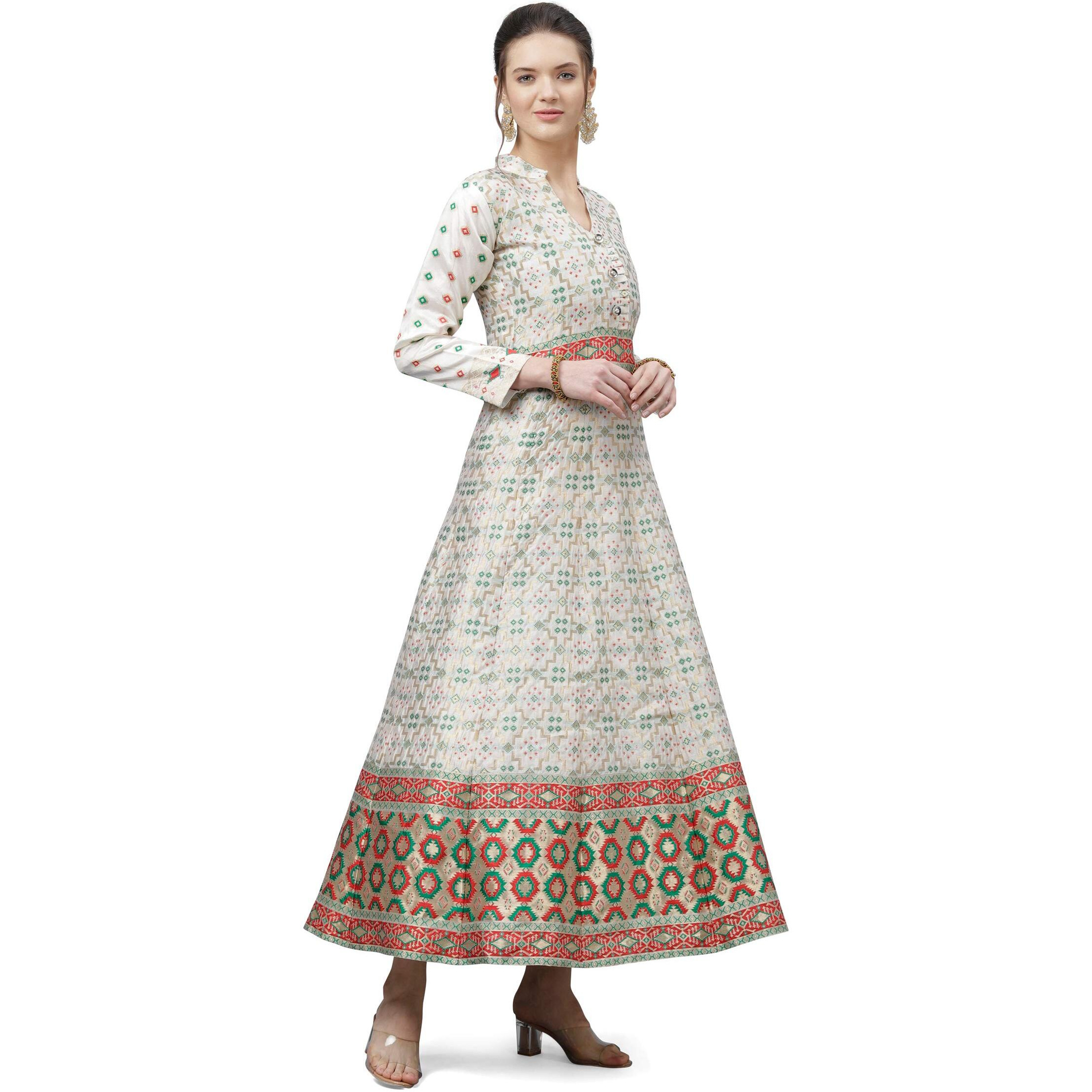 Purvaja Women's Anarkali Ankle Length Jacquard Semi-Stitched Gown Multicolour