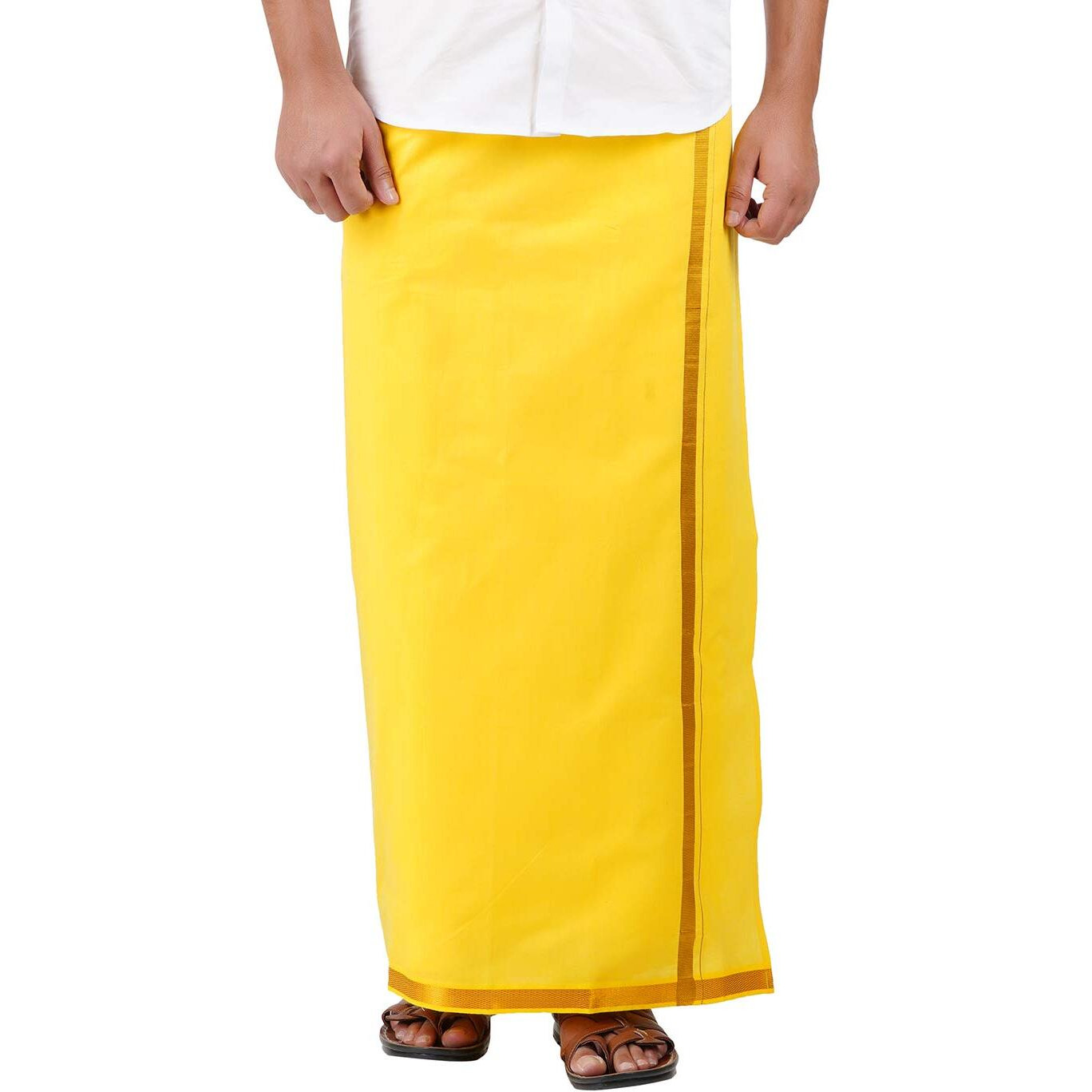 Prakasam Cotton Men's Single Yellow Colour With Jari Border Welcro Pocket Dhoti (42)
