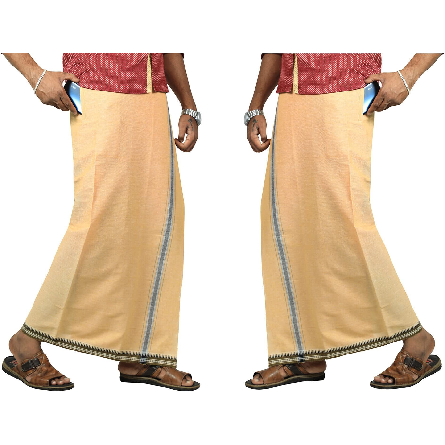 Prakasam Cotton Mens Kerala Thalapathi Border 2Way Pocket (Right &Left Side) Flexi Size (Adjustable) Colour Dhoti With 2 Side Pocket (Large, Violet)