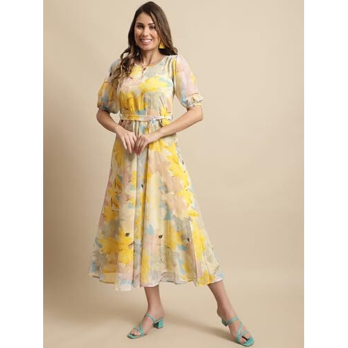 Preneum Women's Maxi Fit & Flare Latest Style Print Georgette Regular Sleeves Casual Summer Maxi Dress || Festival & Occasion, Light Yellow, L