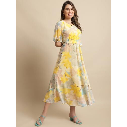 Preneum Women's Maxi Fit & Flare Latest Style Print Georgette Regular Sleeves Casual Summer Maxi Dress || Festival & Occasion, Light Yellow, L