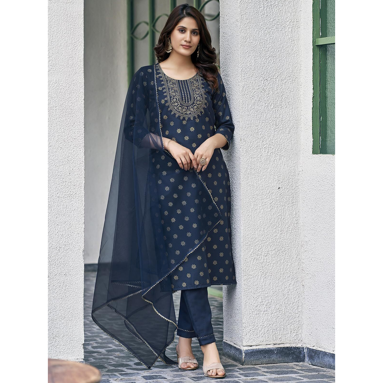 Sanisa Women's Cotton Blend Embroidery & Foil Printed Straight Kurta With Pant And Gota Lace Work Dupatta (137Kbd1475Nz-L_Dark Blue)
