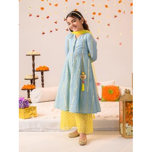 Pspeaches Girl's Cotton Kurta & Palazzo (Ks-Greylurex-10-12Y_Grey