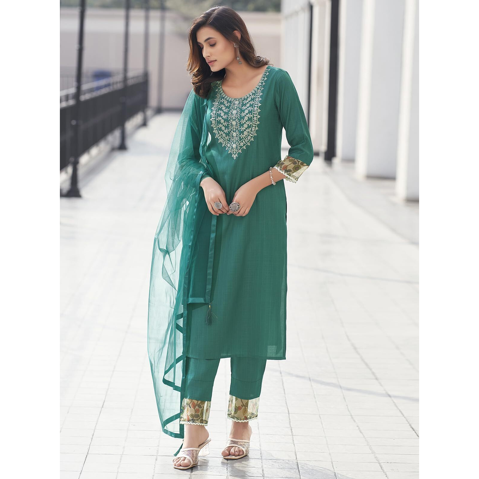 Sanisa Women's Art Silk Sequence Embroidery Work Straight Kurta With Pant And Dupatta Set (163Kbd1752Nr-S_Teal Green)