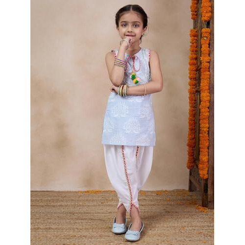 Pspeaches Girl's Cotton Dhoti Set (Dh-Greywhite-7-8Y_Grey