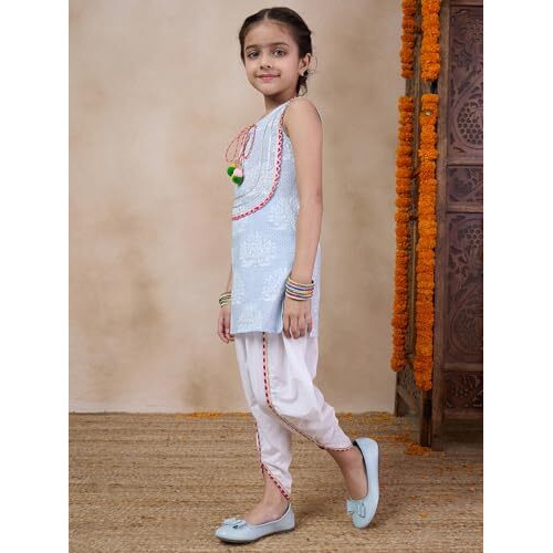 Pspeaches Girl's Cotton Dhoti Set (Dh-Greywhite-7-8Y_Grey