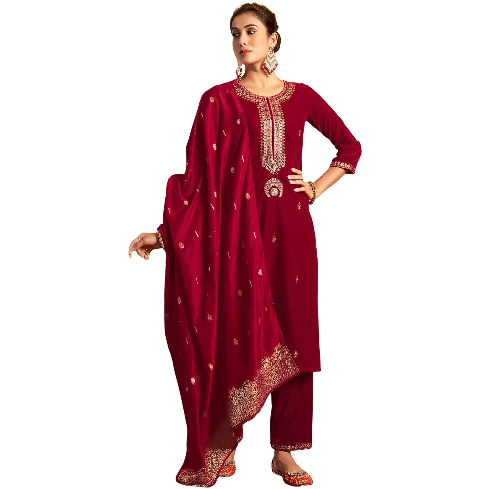 Sanisa Women's Velvet Sequins Embroidery Straight Kurta With Pant And Dupatta Set (218Kbd2313N-Xxl_Red)