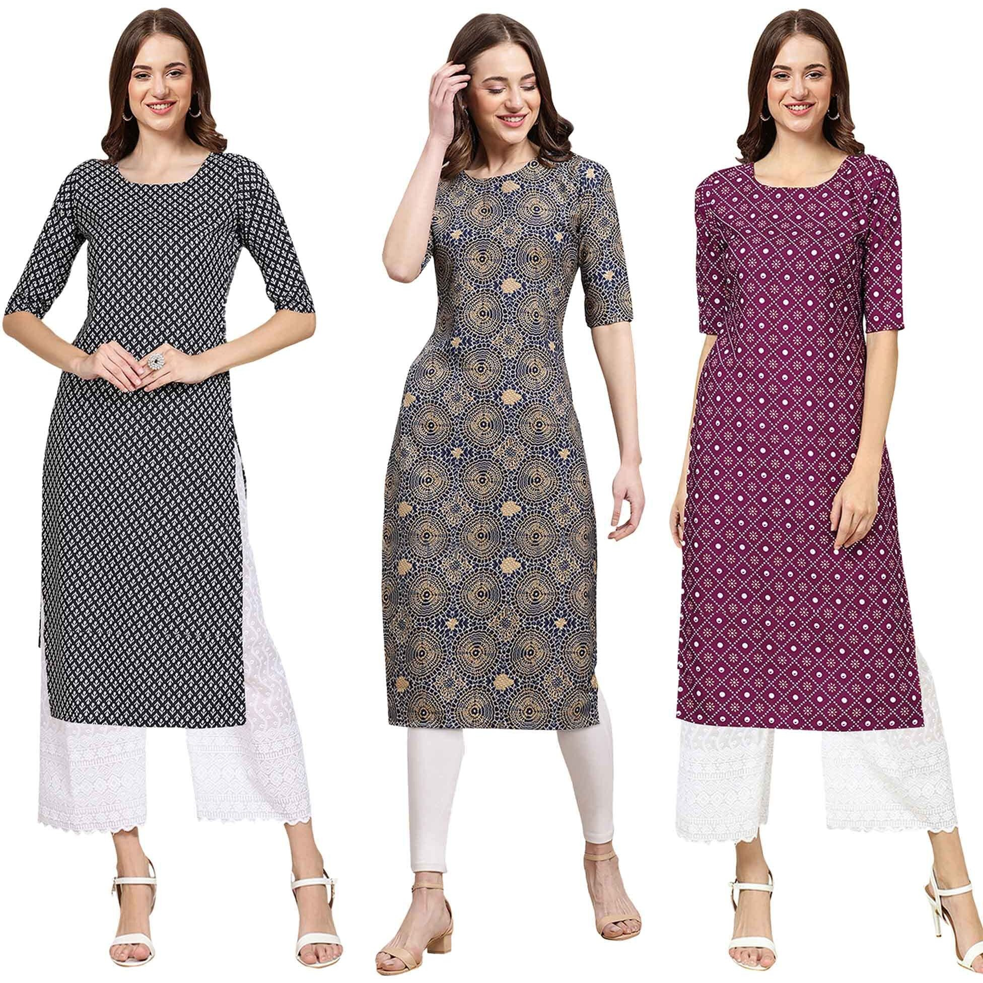 Pinkmint Women's Crepe Digital Print Straight Kurta [Pack Of 3] (Ckl-349-341-355-S)