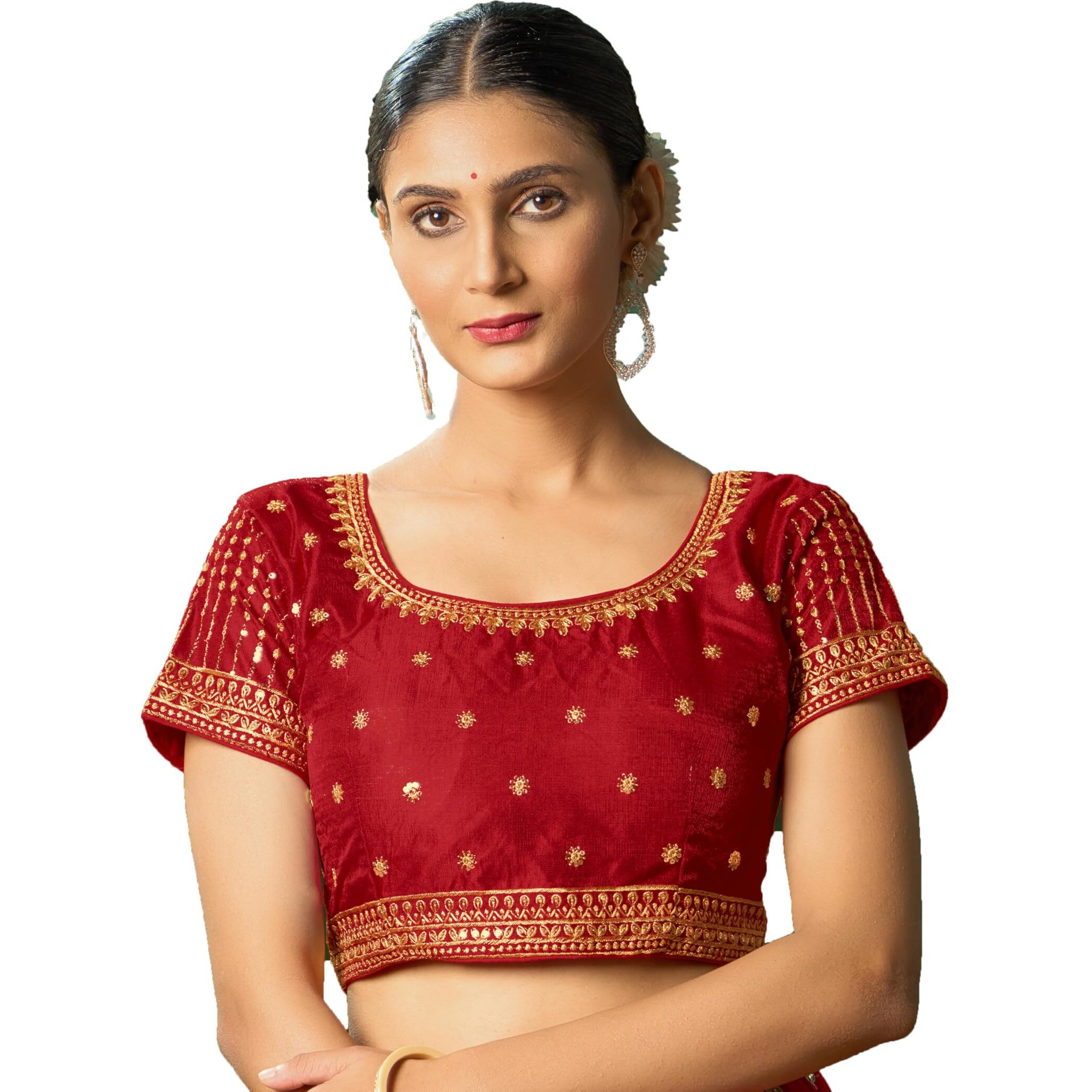 Pujia Mills Women's Heavy Milan Silk Blouse Embroidery Multi Coding Gold Thread Indian Ethnic Designer Blouse Stitched Readymade Short Sleeve Saree Blouse For Saree Lehenga Choli Red 38