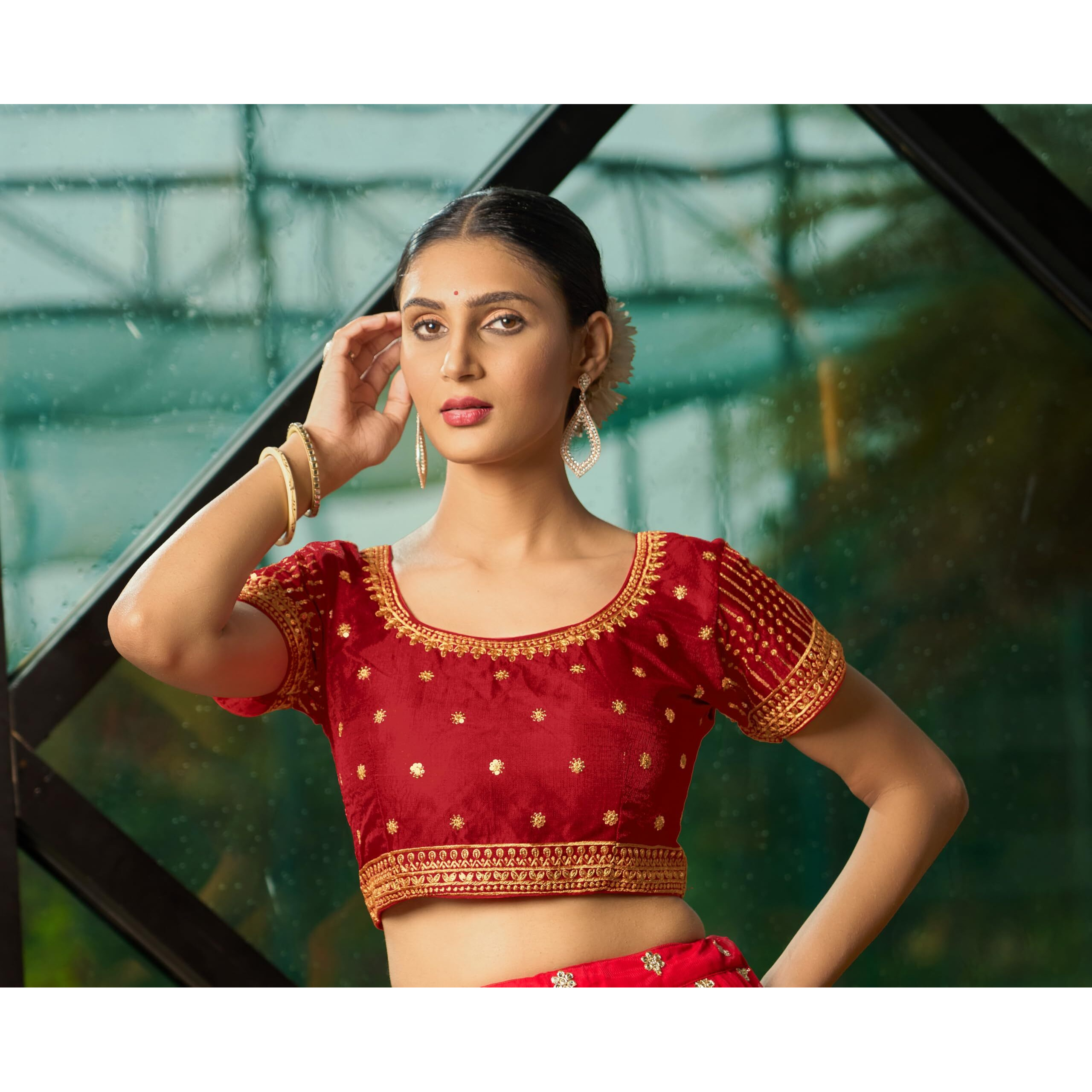 Pujia Mills Women's Heavy Milan Silk Blouse Embroidery Multi Coding Gold Thread Indian Ethnic Designer Blouse Stitched Readymade Short Sleeve Saree Blouse For Saree Lehenga Choli Red 38