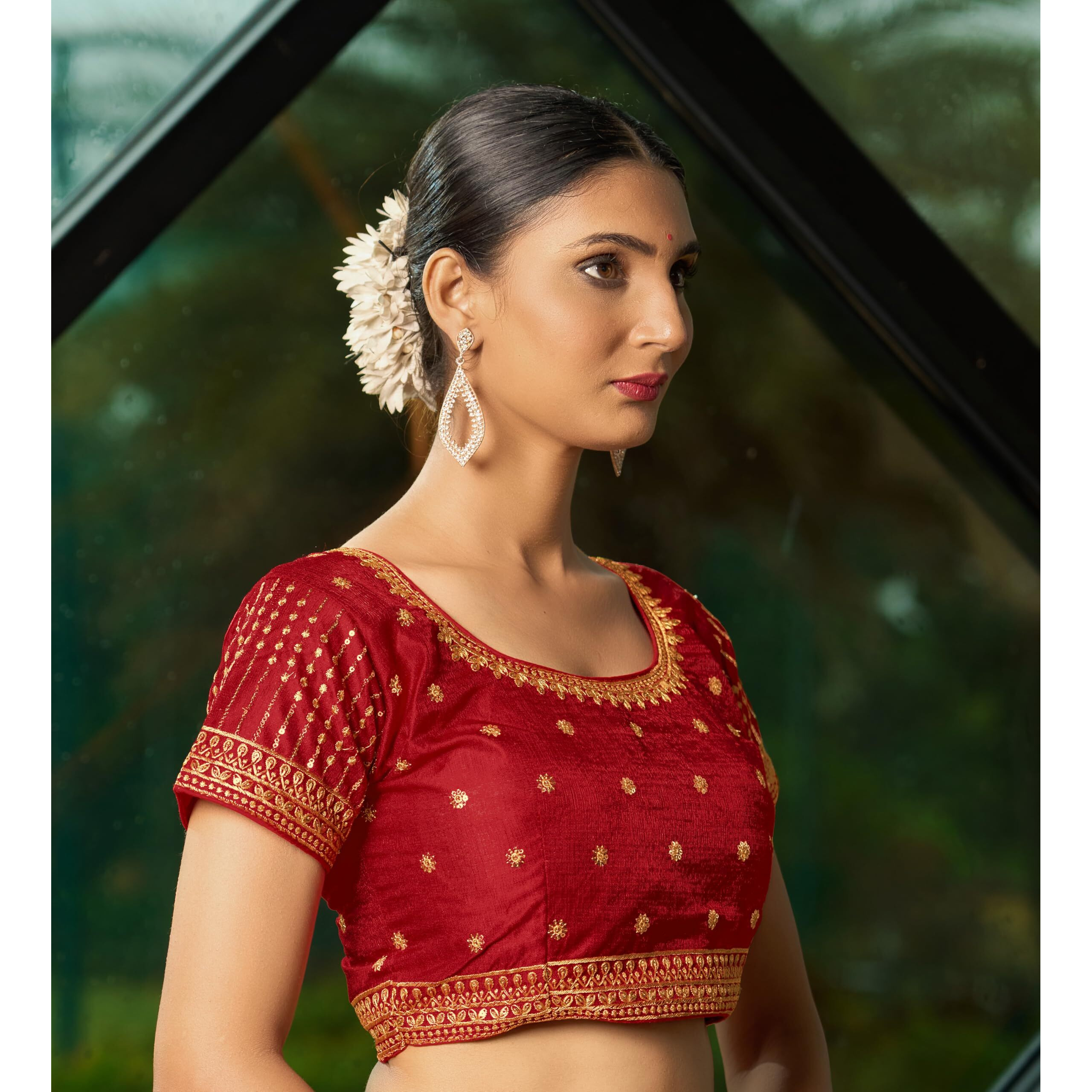 Pujia Mills Women's Heavy Milan Silk Blouse Embroidery Multi Coding Gold Thread Indian Ethnic Designer Blouse Stitched Readymade Short Sleeve Saree Blouse For Saree Lehenga Choli Red 38