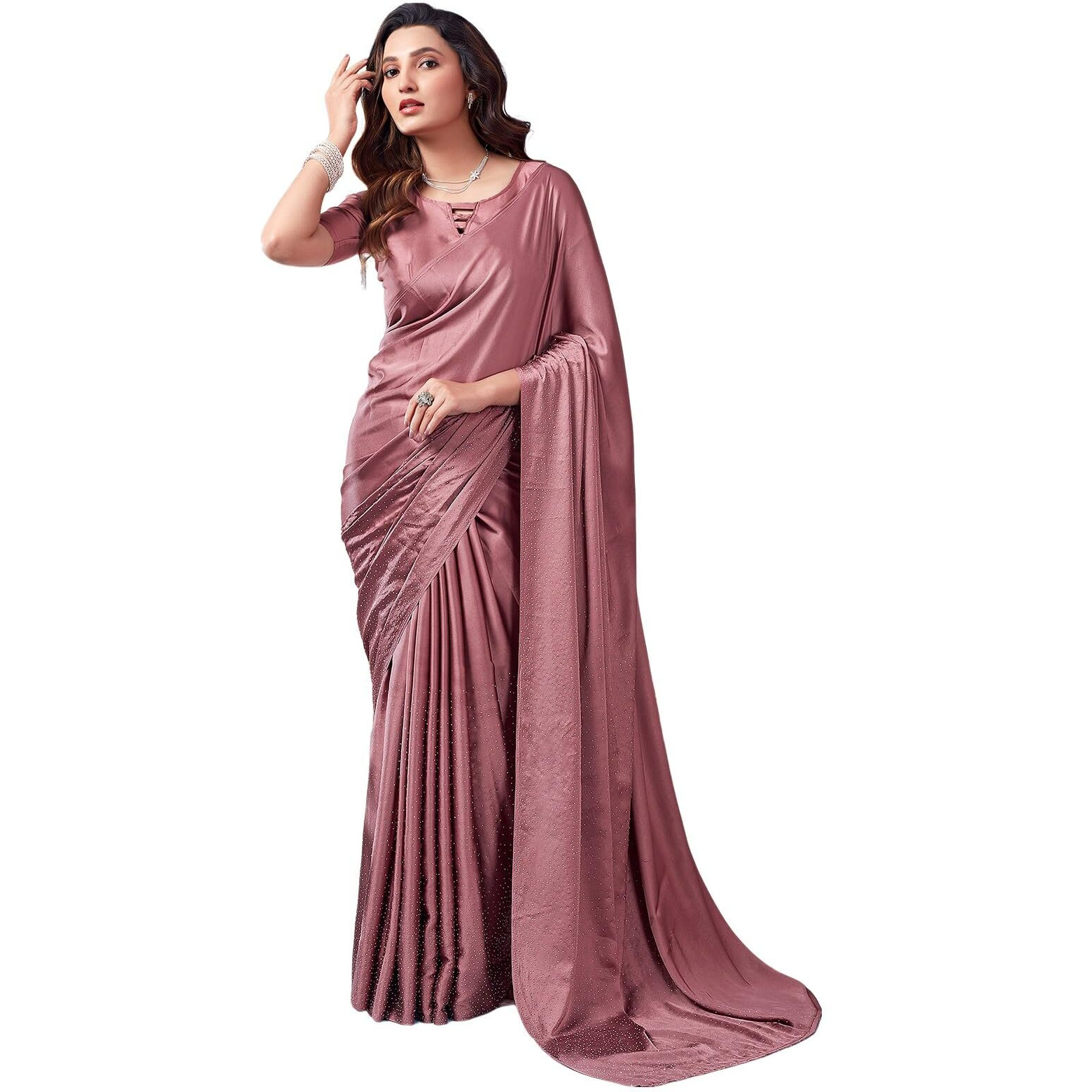 Satrani Women's Satin Stone Work Hot Fixing Saree With Unstitched Blouse Piece (3111S418N_Dusty Mauve4)