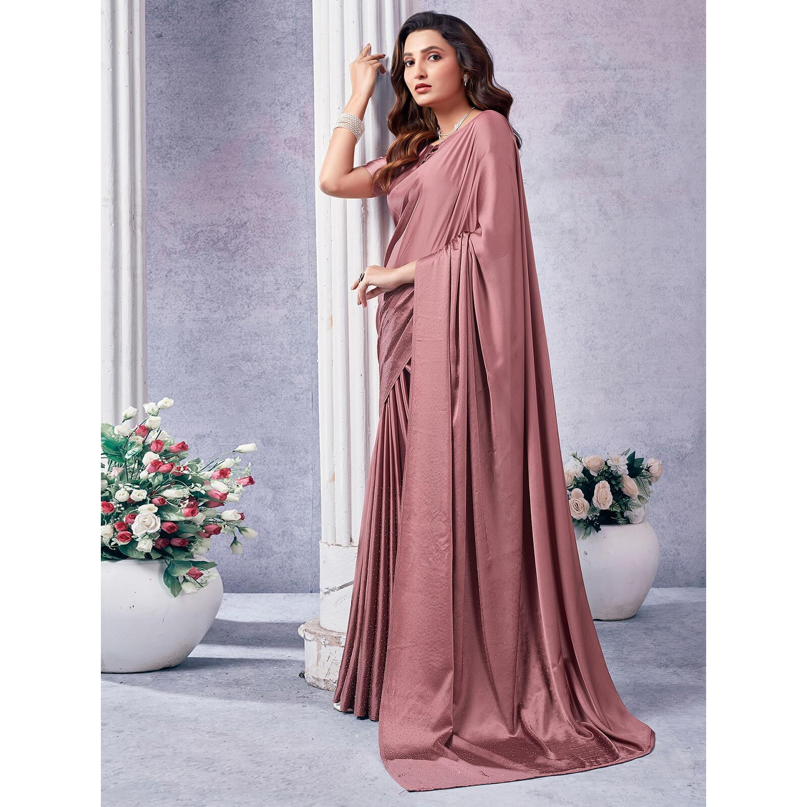 Satrani Women's Satin Stone Work Hot Fixing Saree With Unstitched Blouse Piece (3111S418N_Dusty Mauve4)