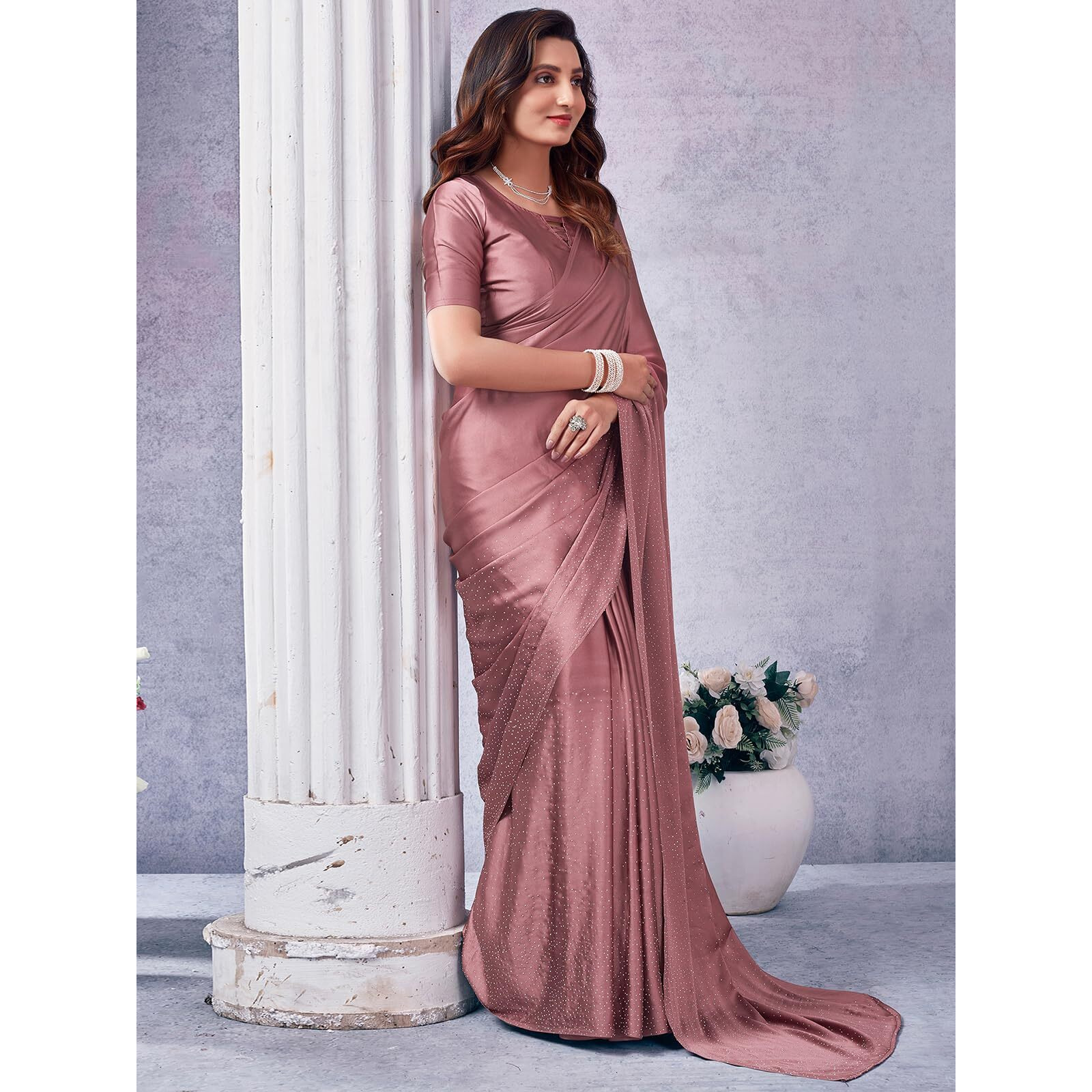 Satrani Women's Satin Stone Work Hot Fixing Saree With Unstitched Blouse Piece (3111S418N_Dusty Mauve4)
