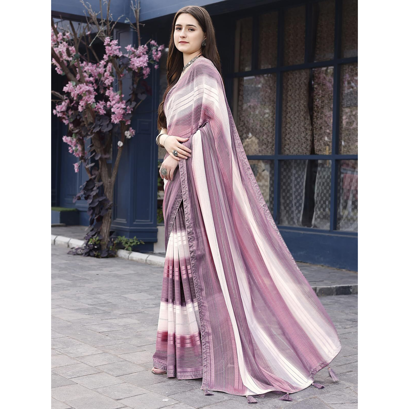 Satrani Women's Weightless Georgette Woven Zari Hot Fixing Printed Saree With Unstitched Blouse Piece (3493S312N_Dusty Purple & Rose Pink & White)