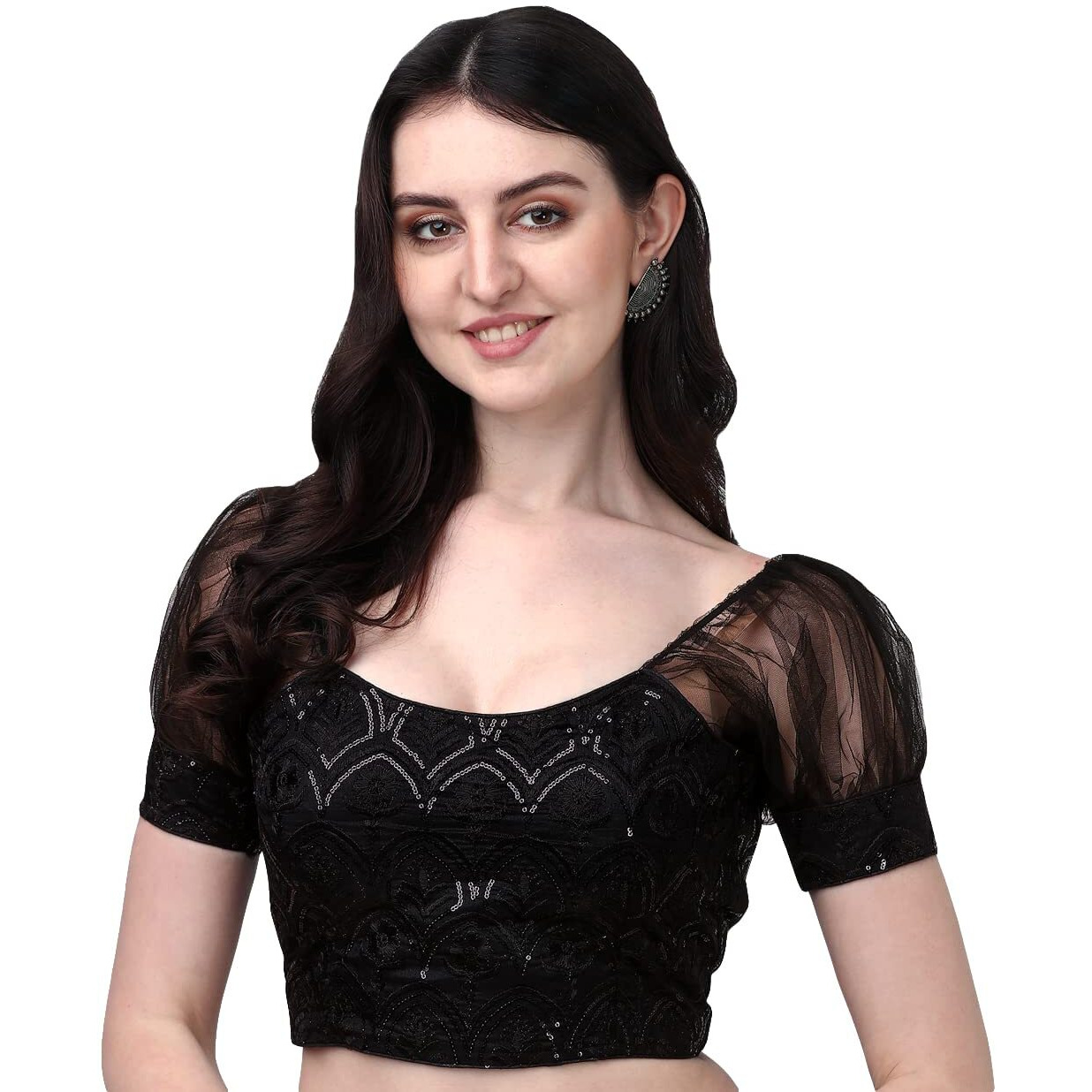 Pujia Mills Womens Net Fabrics Round Neck Puff Sleeve Blouse (Black, 34)