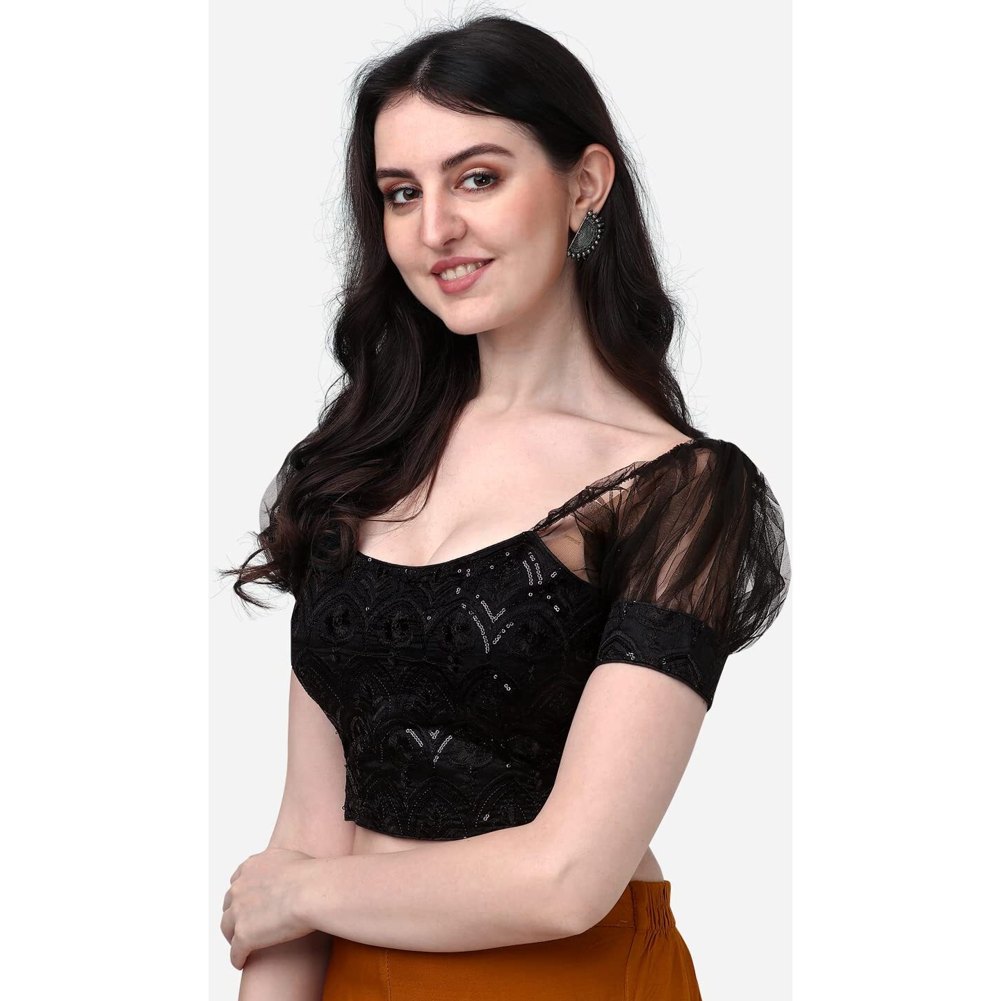 Pujia Mills Womens Net Fabrics Round Neck Puff Sleeve Blouse (Black, 34)