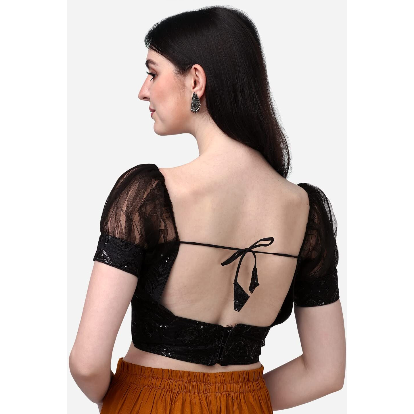 Pujia Mills Womens Net Fabrics Round Neck Puff Sleeve Blouse (Black, 34)