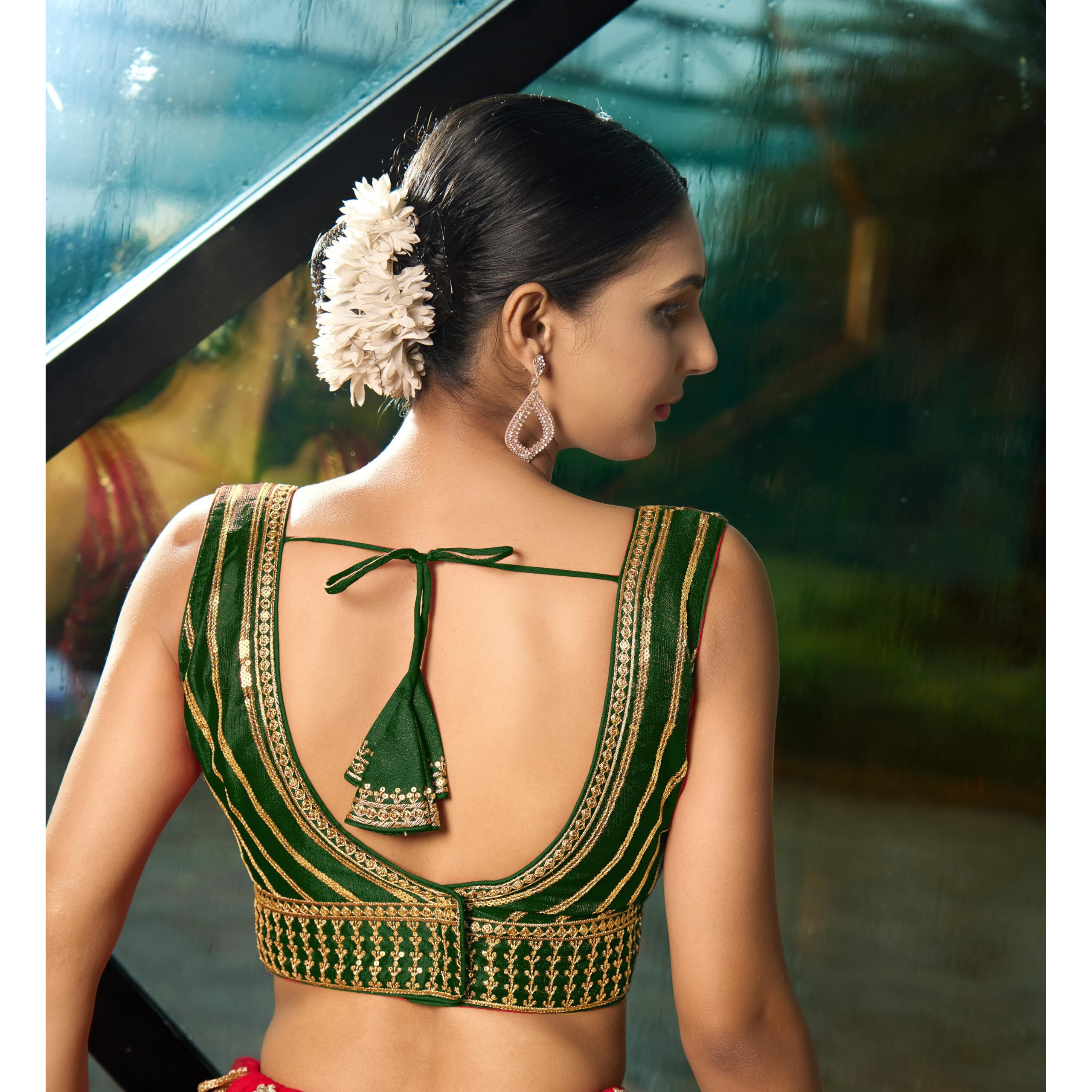 Pujia Mills Women's Readymade Sleeveless Sweetheart Neck Back Hook Open Saree Fancy Blouse (Green, 36)