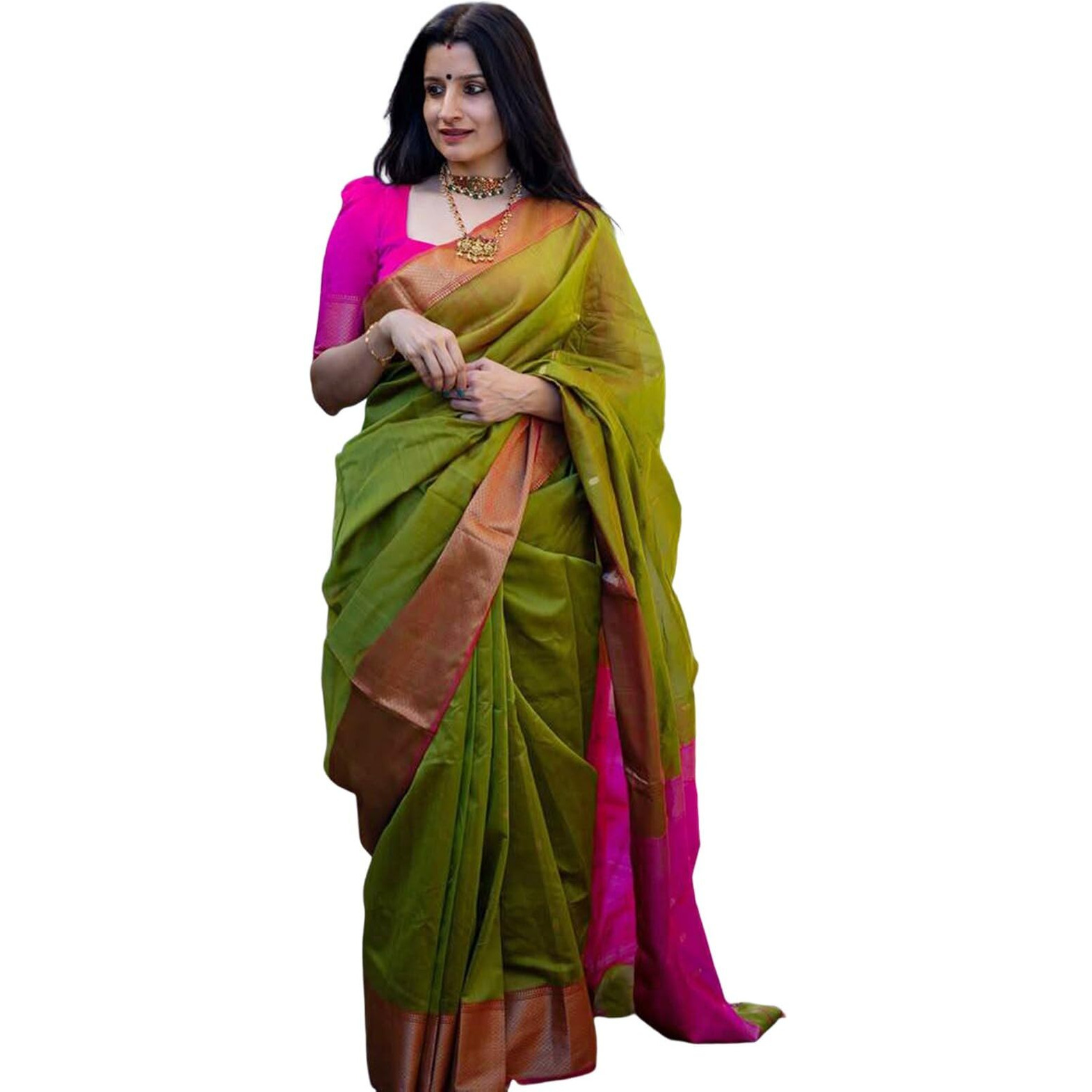 Satrani Women's Jacquard Silk Blend Saree (3984S487N_Green & Magenta)